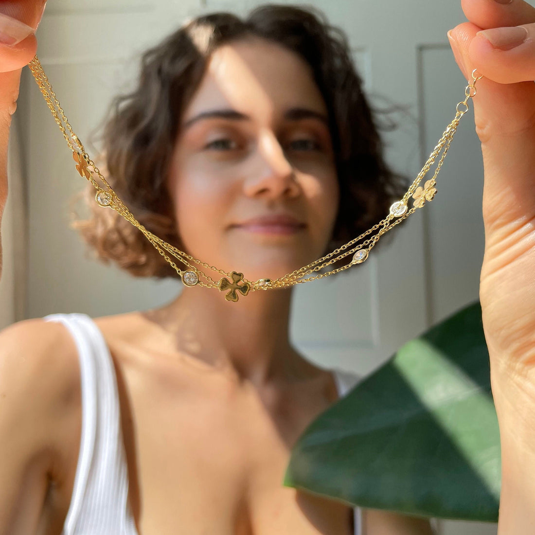 Gold Color 3 Layer Chain Bracelet - Multi-row Shamrock & Cz Bezel Bracelet - 3 Layer Four Leaf Clover Bracelet With Round Zirconia
