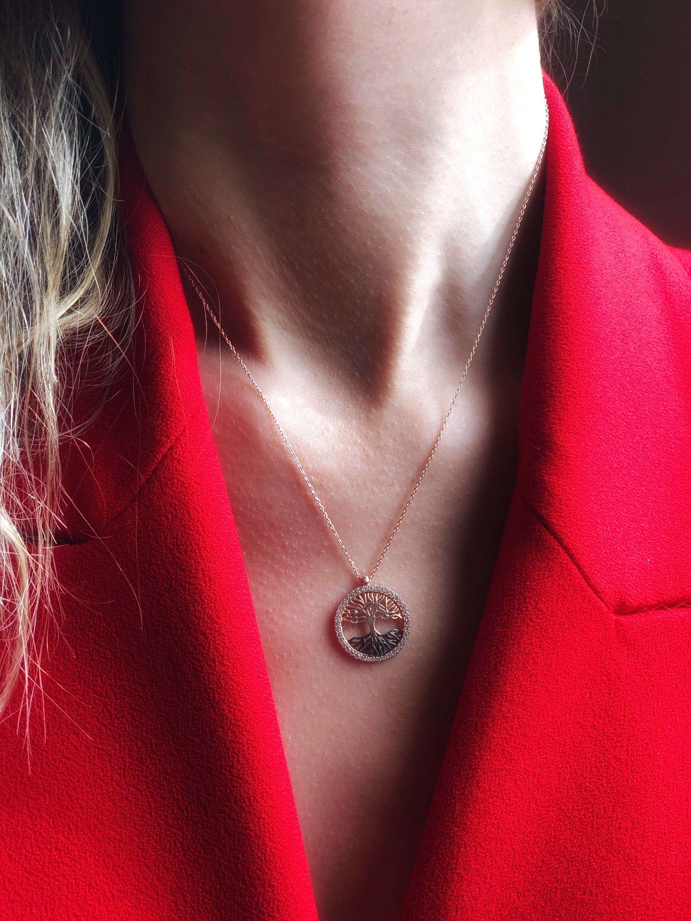 Sterling Silver Tree Of Life Necklace | Engraved Disc Pendant | Minimalist Dainty Necklace | Family Necklace | Tree Of Life Jewelry Gift