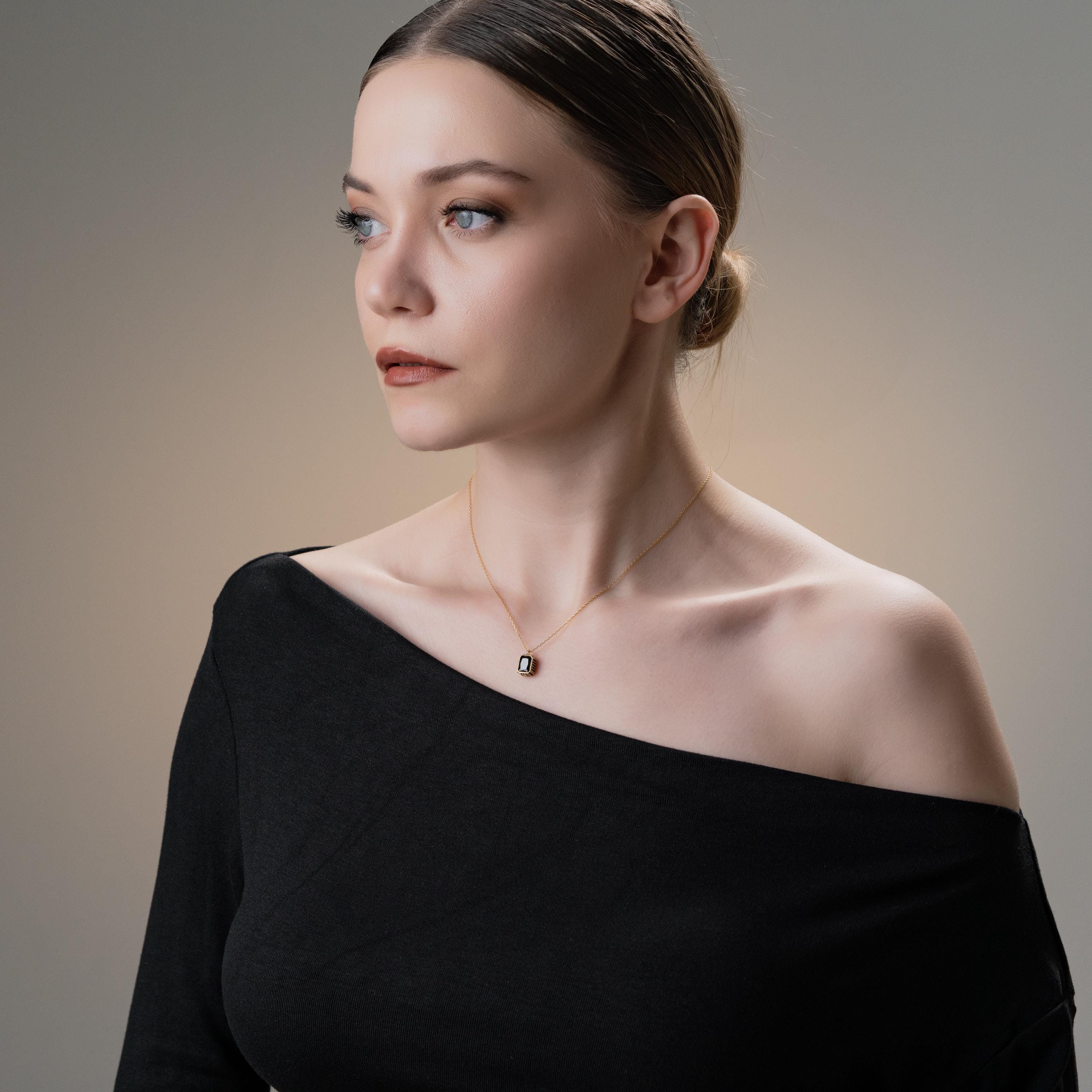 Gold Framed Black Stone Necklace , Baguette Cut Black Gem Pendant , Minimalist Handmade Jewelry , , Jewelry For Women