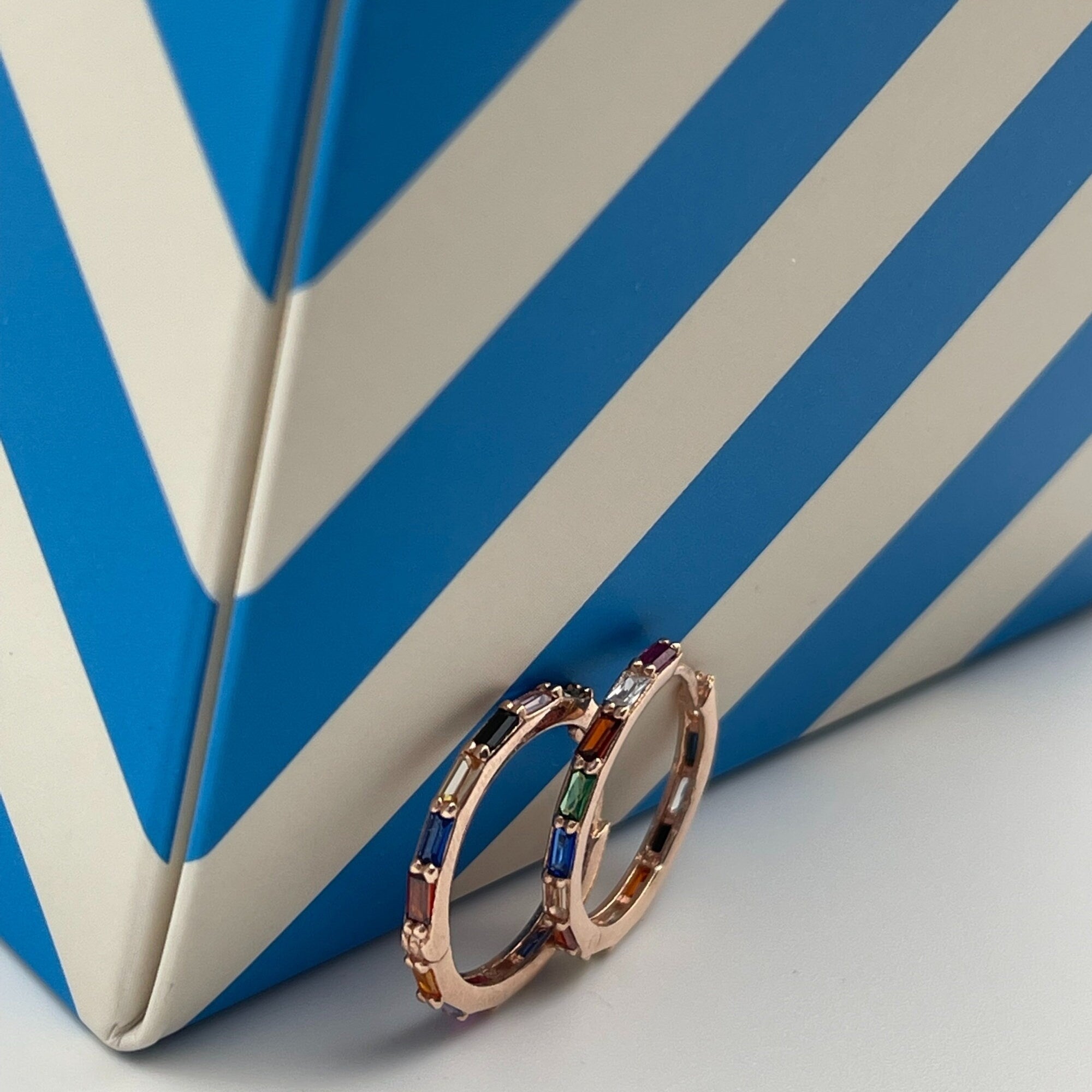 Rainbow Zircon Huggie Earrings - Rose Gold Hoops - Multi Coloured Gemstones In Sterling Silver Round Earrings