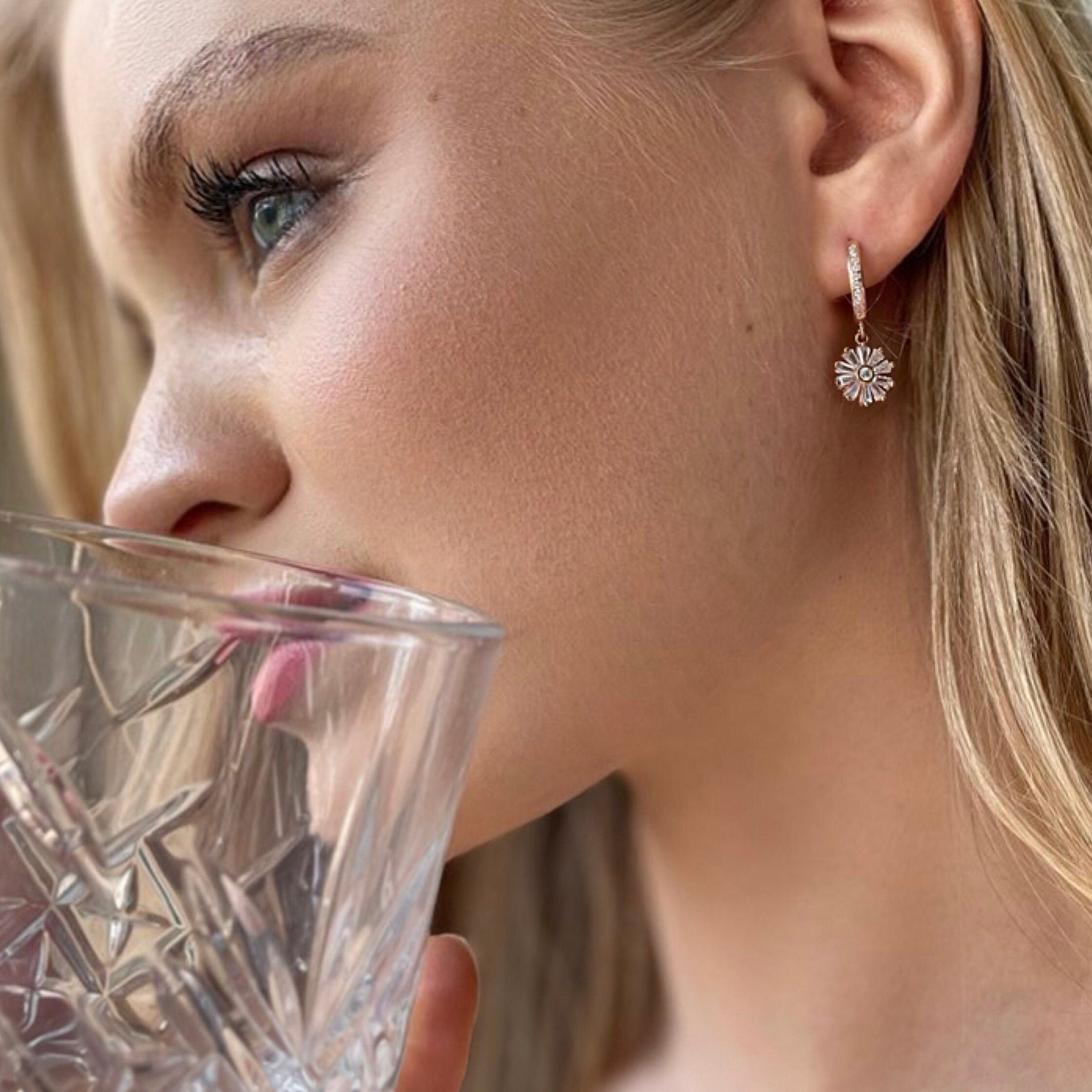 Daisy Dangle Cz Earrings - Sterling Silver Floral Dainty Pendant - Unique Design With Zircon Gemstones - Dainty Handmade Earring Jewelry