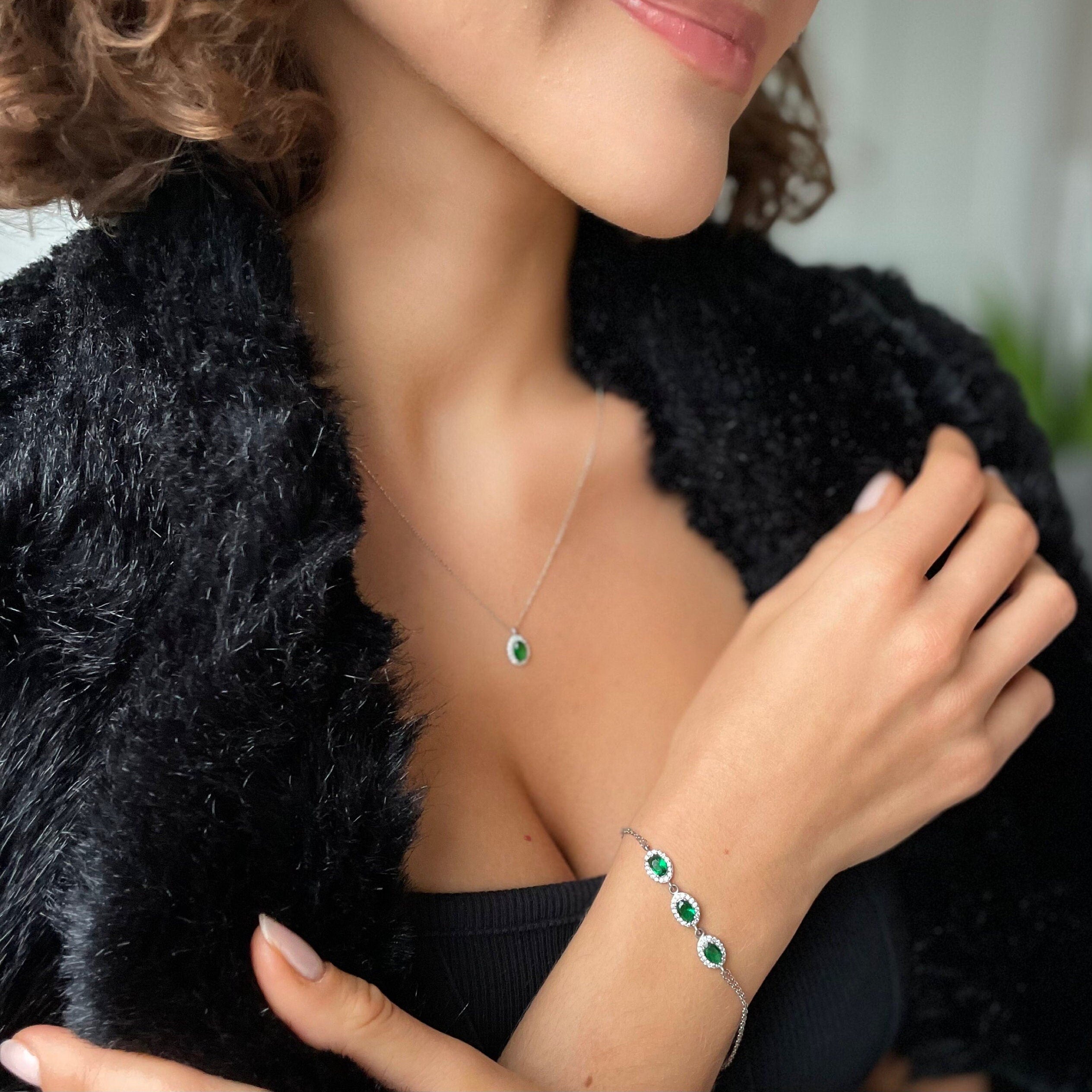 Triple Emerald Charm Bracelet - Sterling Silver & Dazzling Green Elegant Jewelry - Round-cut Emerald Beauty -