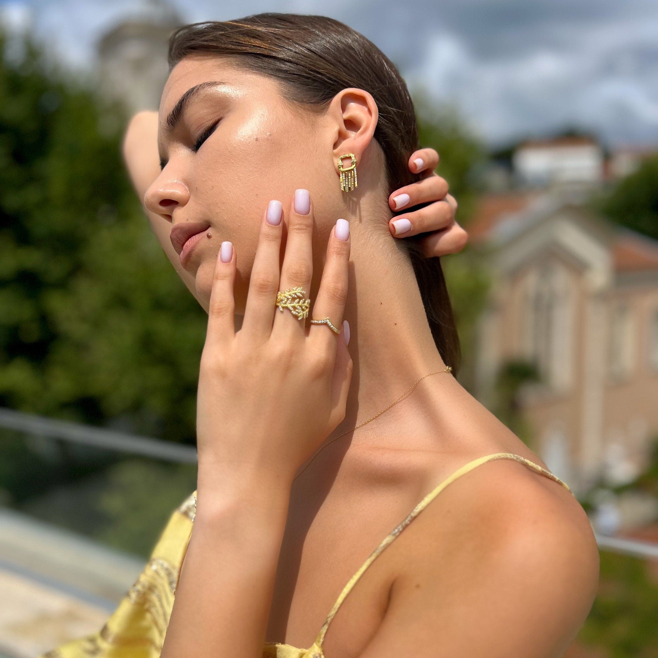 Stylish Gold Color Fringe Earrings - Tassel Stud Earrings - Cz Sterling Silver Jewelry - Dainty Minimalist Jewels - Gold/rose Earrings