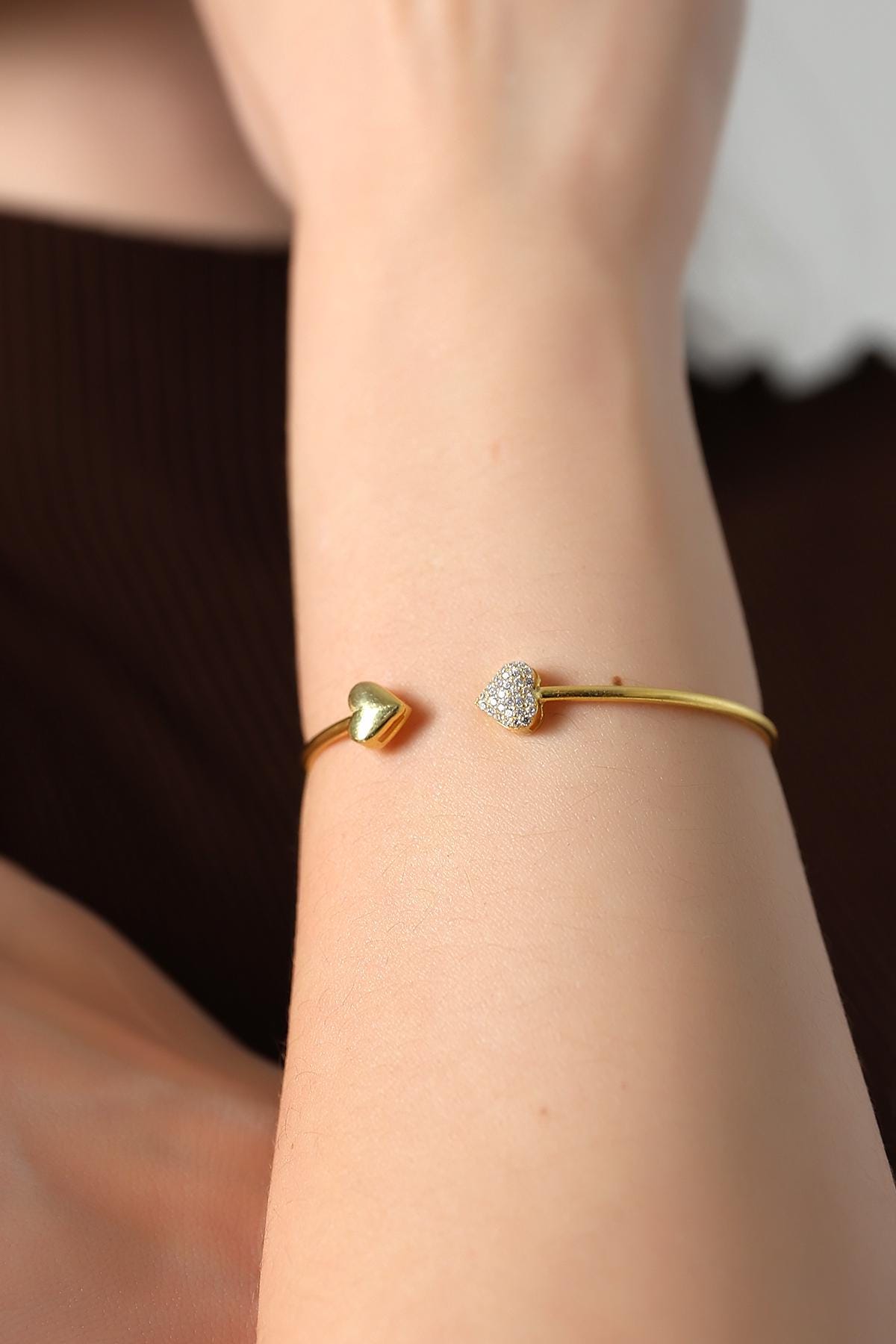 Romantic Gold Heart Bracelet , Pavé Heart Cuff , Dainty Heart Bracelet , Elegant Gold Bracelet , Handmade ,