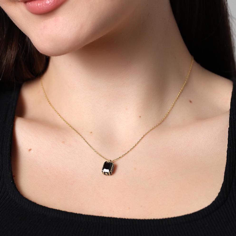 Baguette Cut Emerald Necklace , Gold Framed Gothic Black Gem Pendant , Handmade Timeless Jewelry , Emerald Cut Solitaire Silver Necklace
