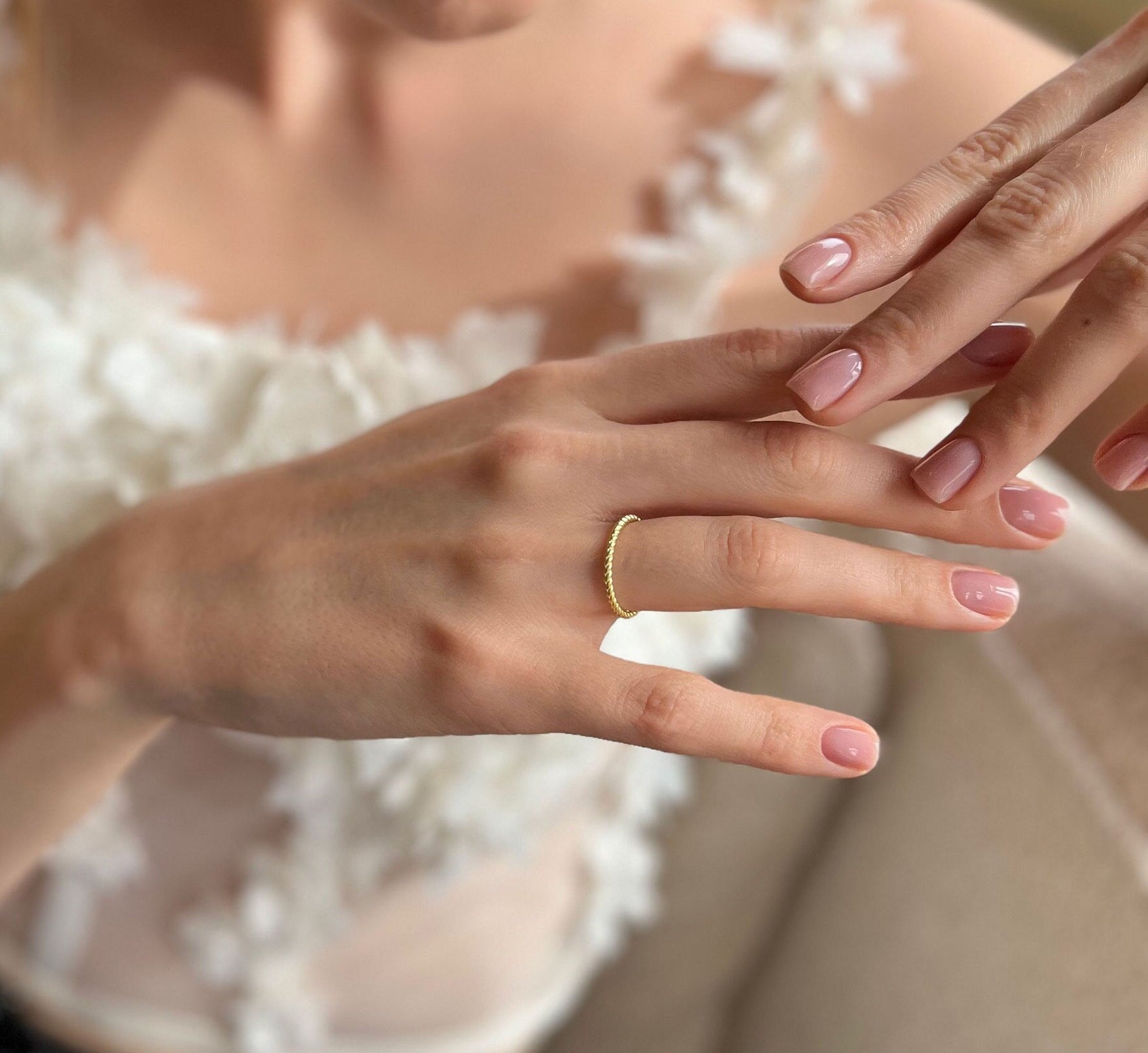 Gold Color Twisted Rope Ring - Anniversary Ring - Thin Gold Band Dainty Ring - Wedding Band - Sterling Silver Summer Jewelry