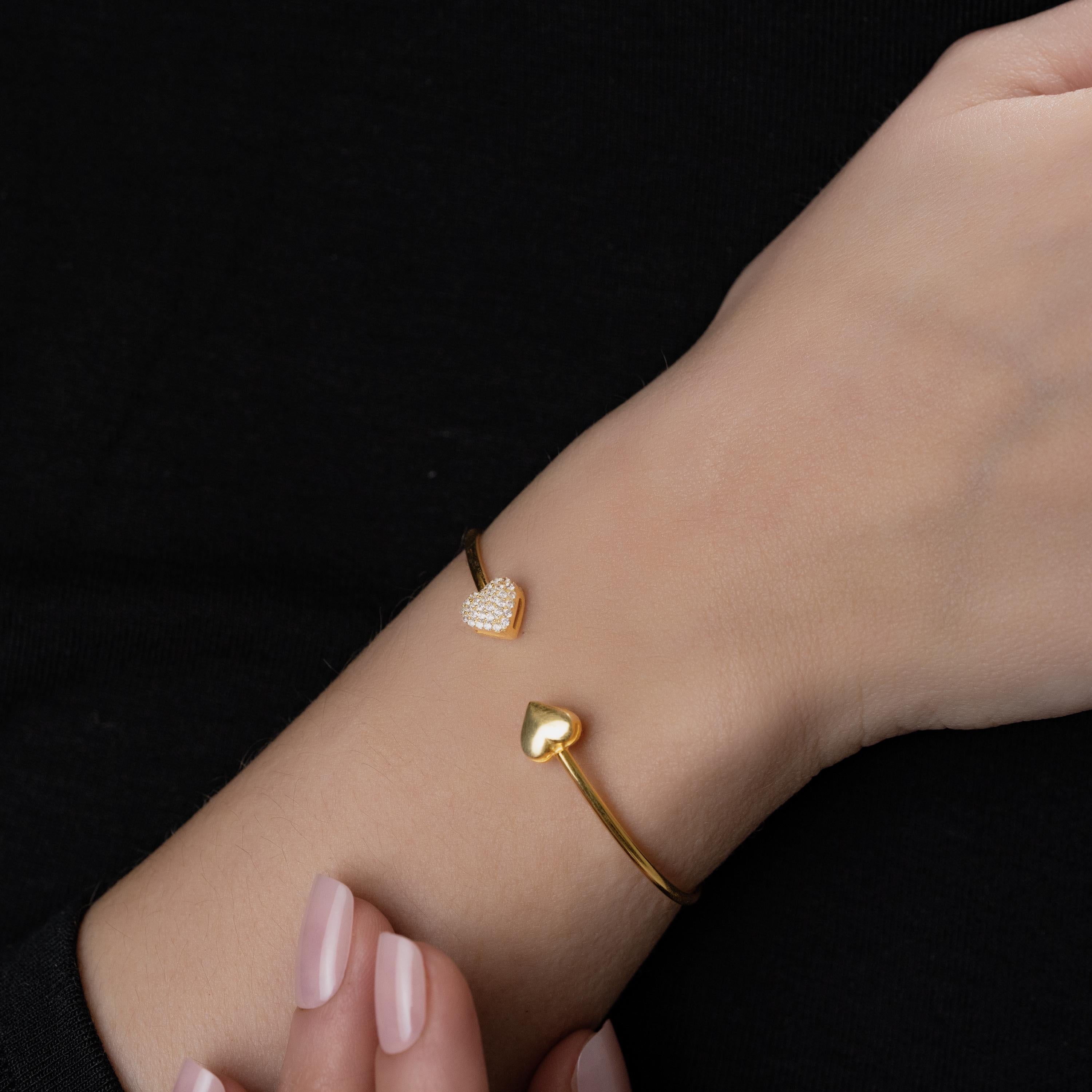 Romantic Gold Heart Bracelet , Pavé Heart Cuff , Dainty Heart Bracelet , Elegant Gold Bracelet , Handmade ,