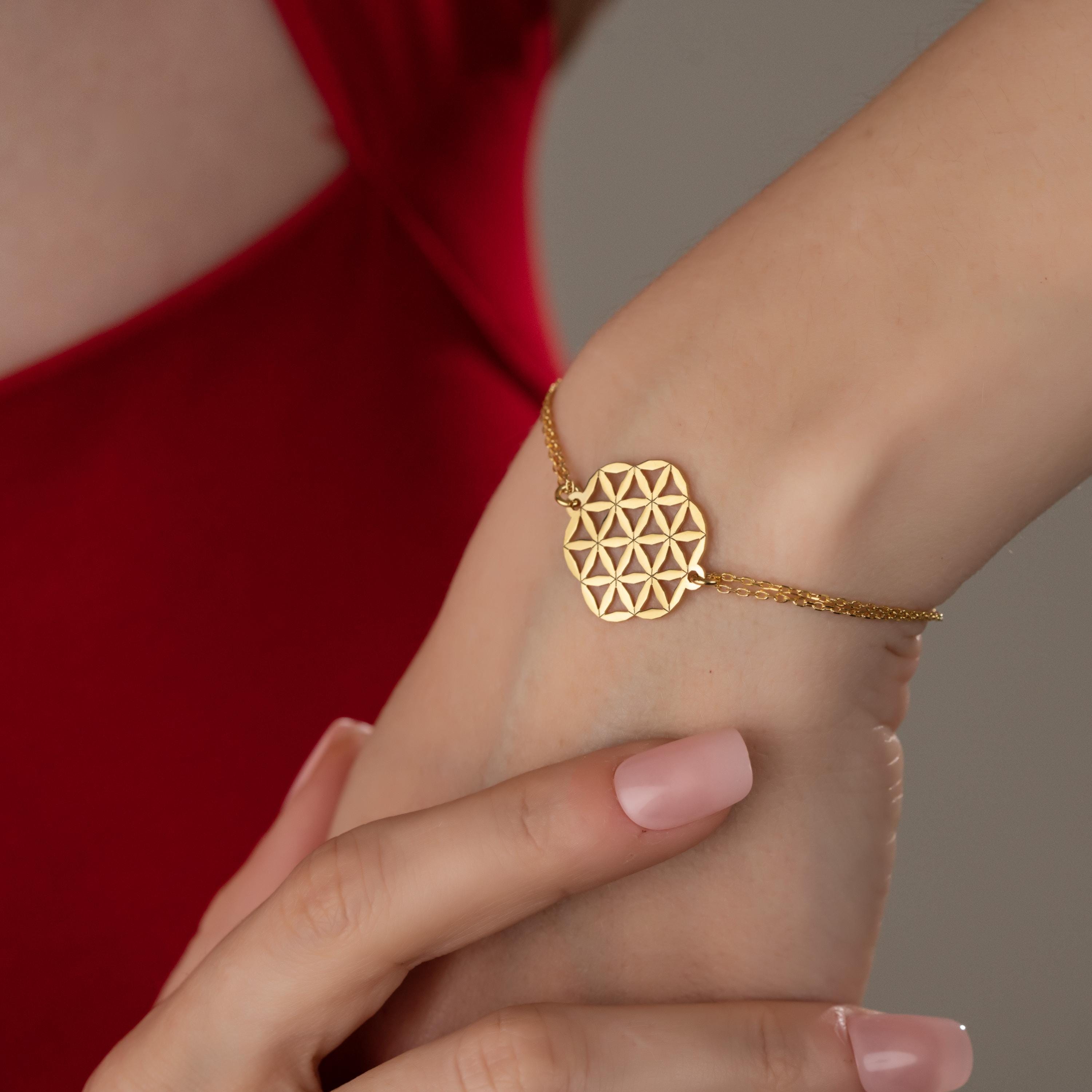 Boho Flower Of Life Jewelry Set , Dainty Gold Necklace & Bracelet For Women , Yoga Necklace And Bracelet Gift , Spiritual