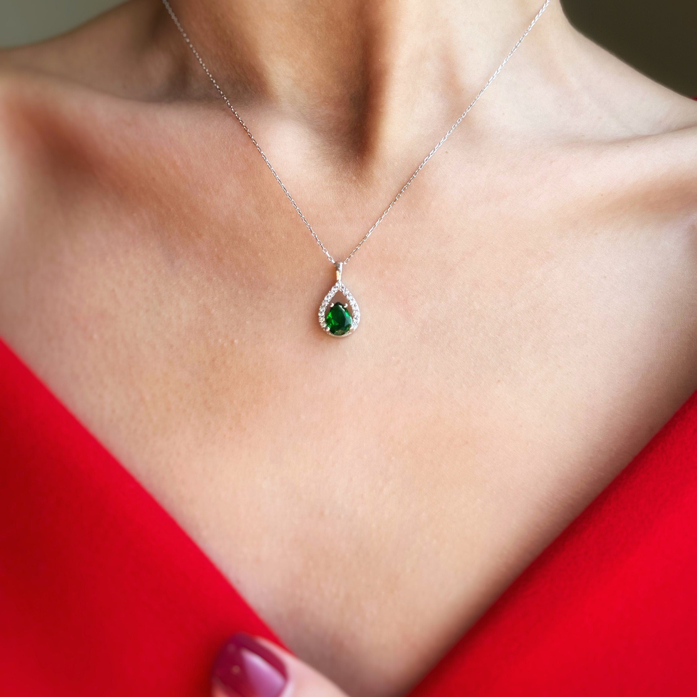 Teardrop Pendant Necklace | Sparkling Drop Birthstone Silver Necklace | Oval Cut Gemstone | Birthstone Pendant | Minimalist Jewelry Gift