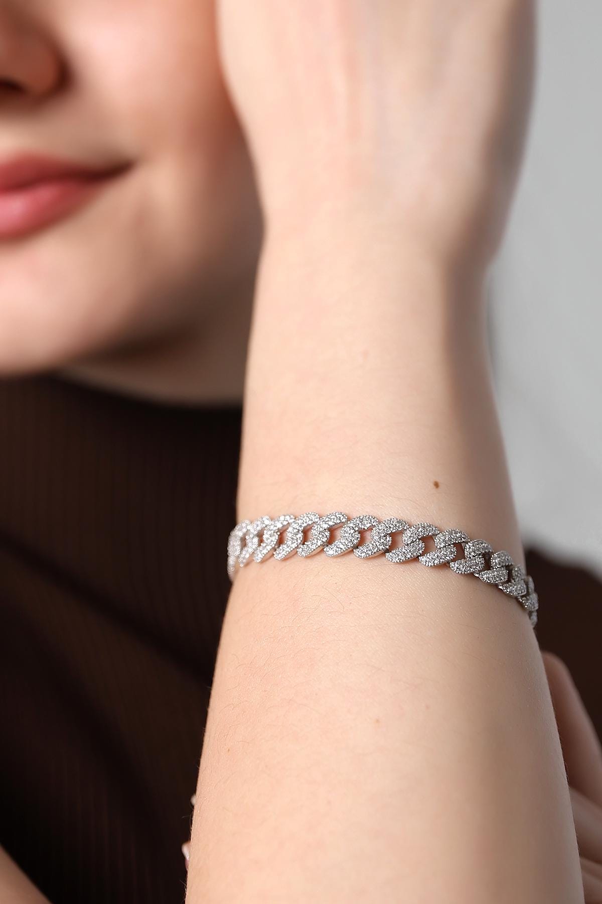 Iced Out Cuban Link Bracelet , Bling Cuban Chain Bracelet , Elegant Rhinestone Chain, Silver Zirconia Bracelet , Statement Jewelry For Women