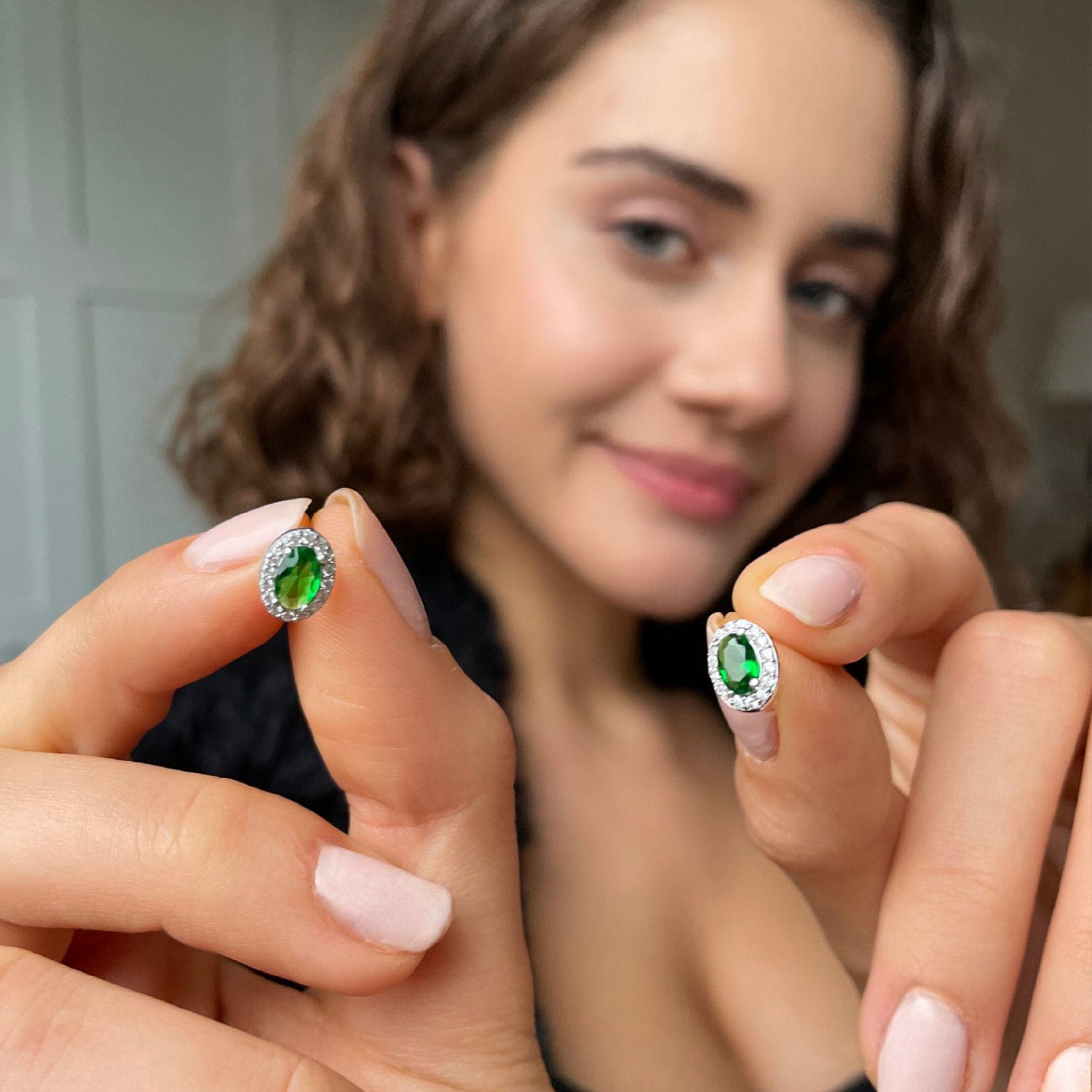 Sparkling Emerald Jewelry Set - Oval Cut Green Gemstone Necklace, Bracelet And Earrings - Dainty Sterling Silver Jewelry Set For Women