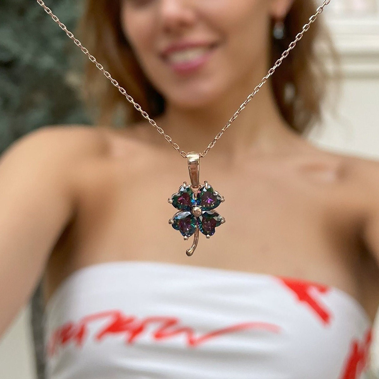 Mystic Topaz Clover Necklace - Sterling Silver Four Leaf Clover Pendant - Clover Charm - Dainty & Miminalist Design - Birthstone Gift