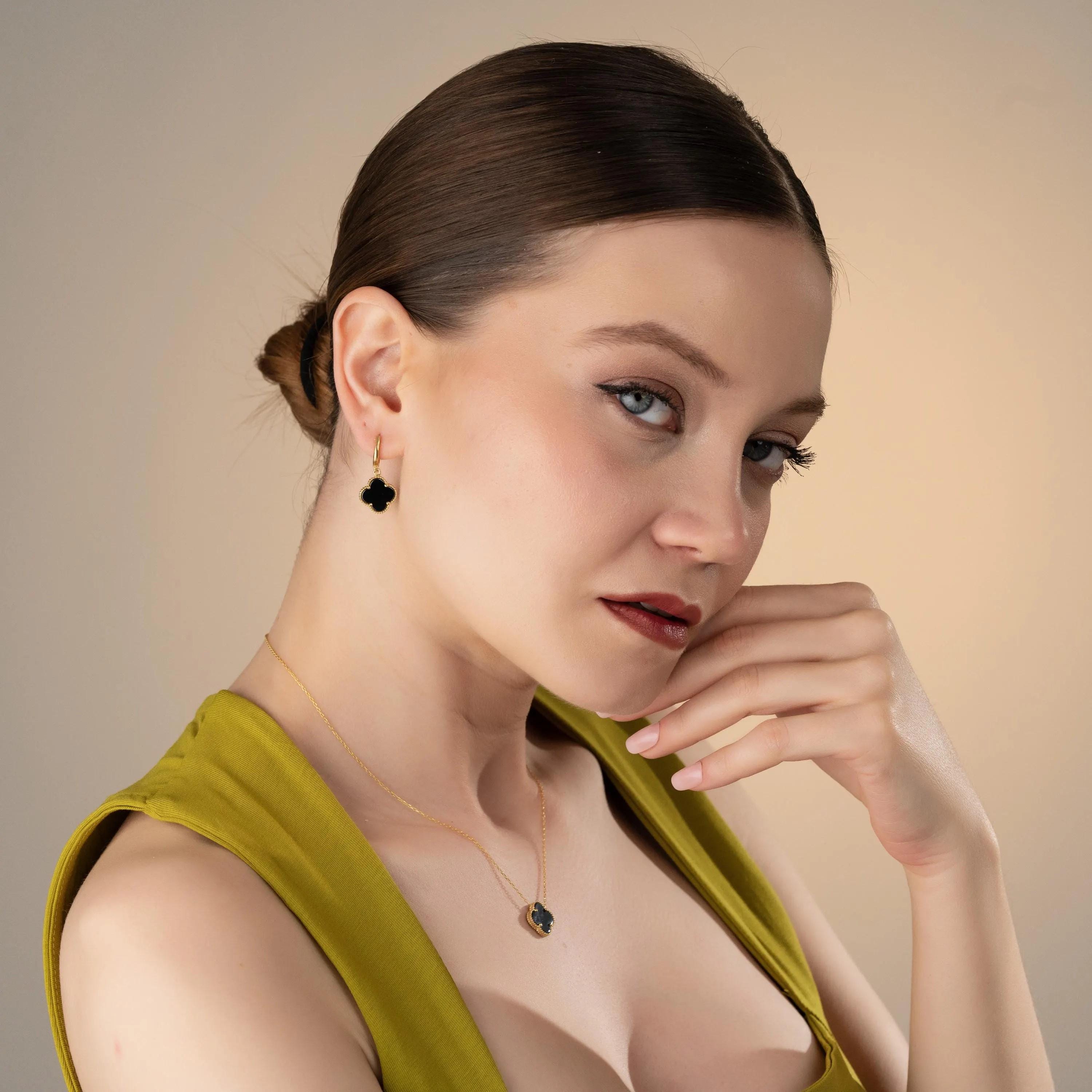 Black Clover Necklace & Earrings Set , Personalized Four Leaf Clover Jewelry Set , Women’s Lucky Charm Set, Gemstone Color And Chain Options