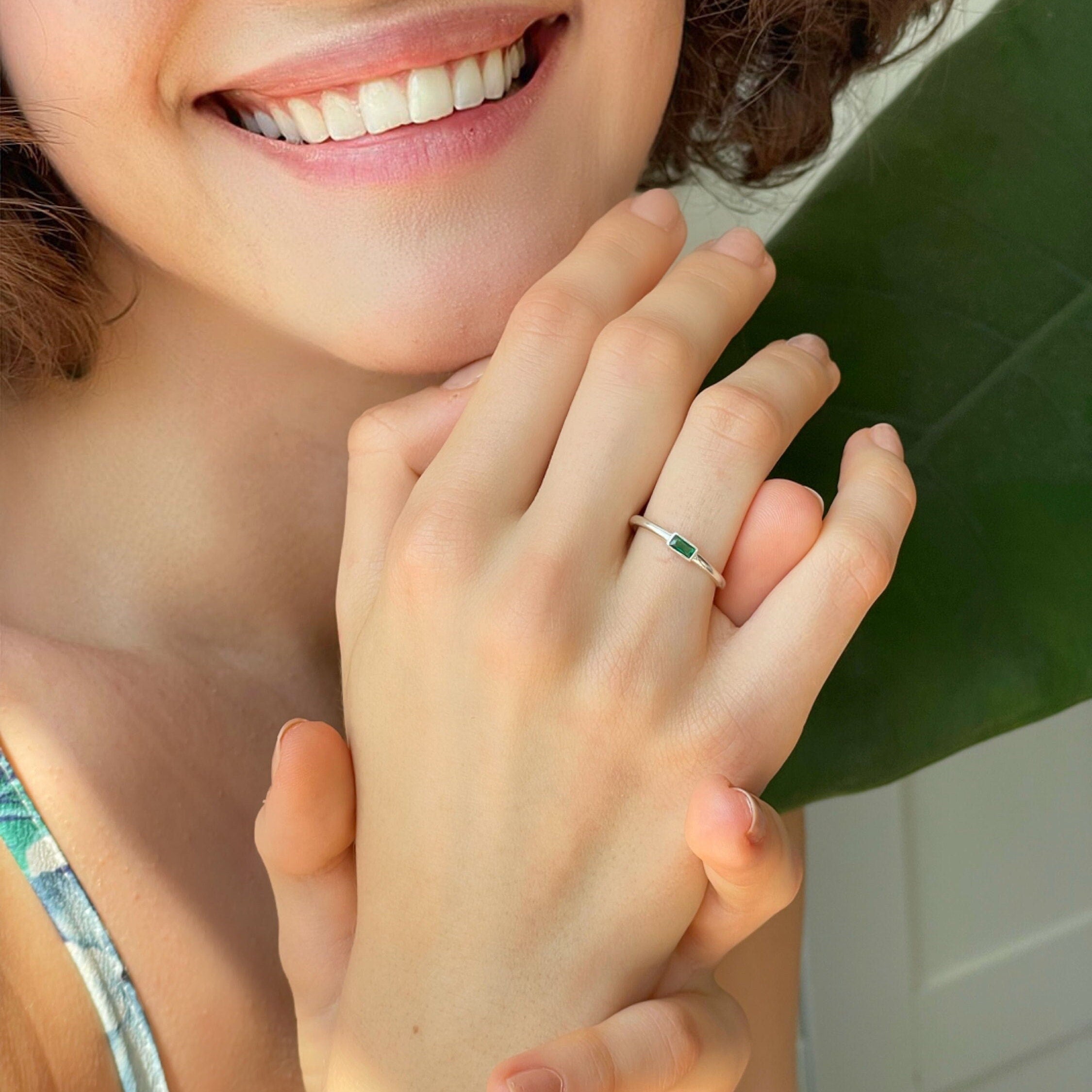 Emerald Baguette Cut Ring - Rectangle Emerald Gemstone Ring - Minimalist Elegance For Women - Baguette Stacking Ring - Handmade Jewelry