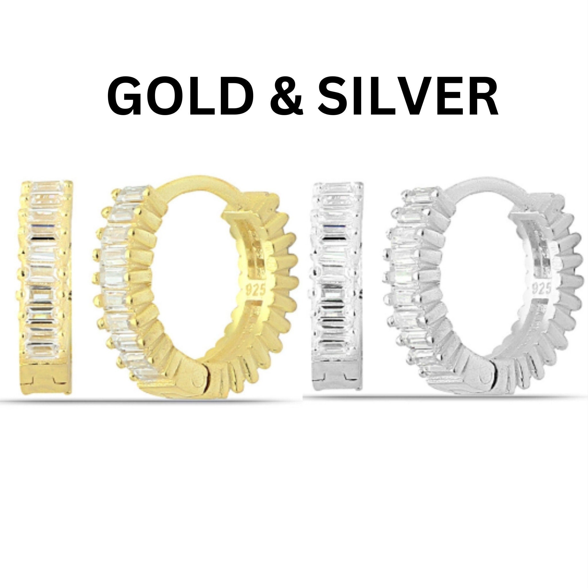 Tiny Baguette Hoop Earrings - Silver/gold Baguette Earrings - Baguette Huggies - Tiny Huggies - Pave Earrings - Minimalist Hoops