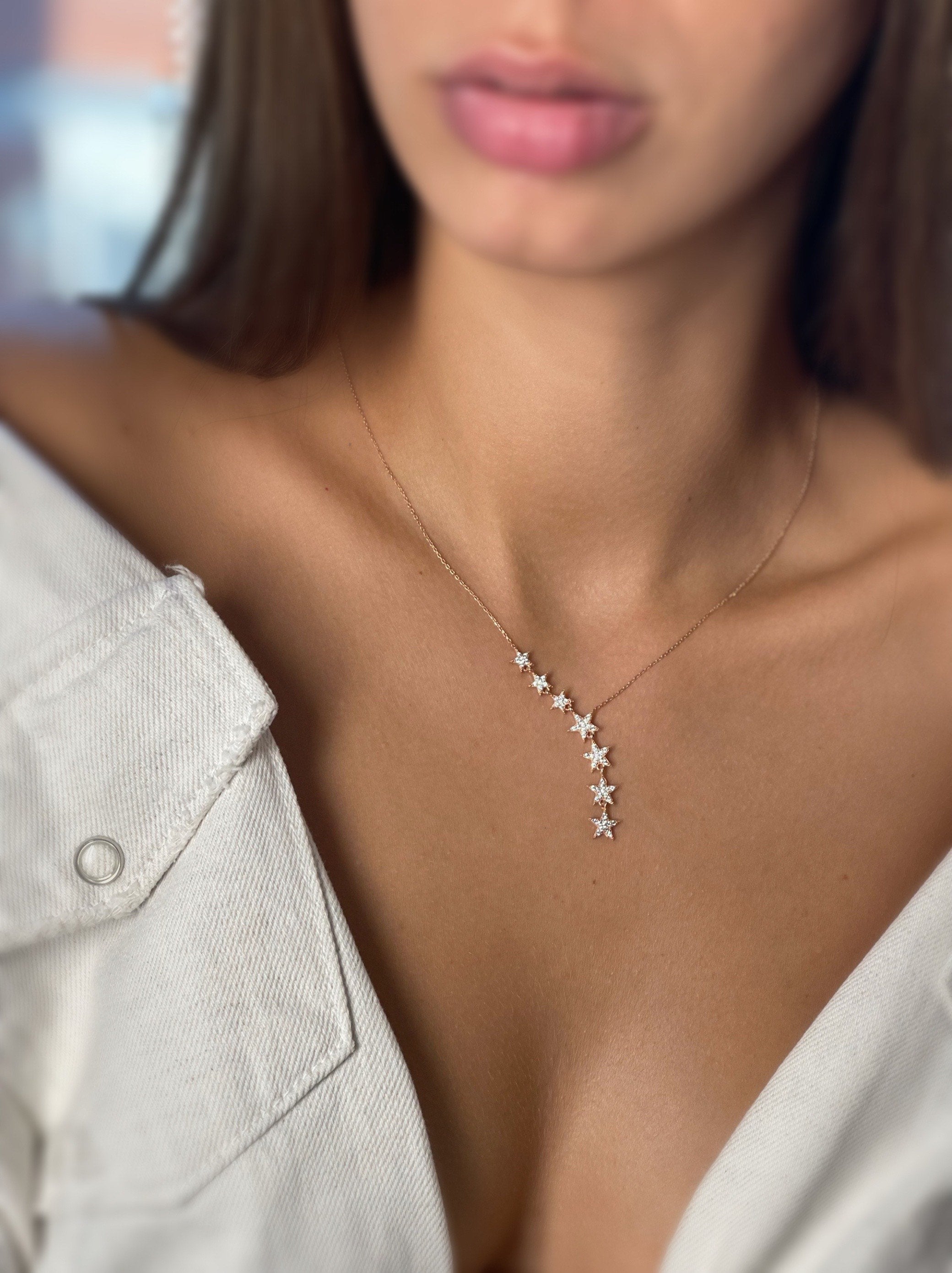 Star Lariat Necklace - Asymmetric Y Shape Drop Star Pendant - Zircon Gemstones - Silver / Gold / Rose Gold Options