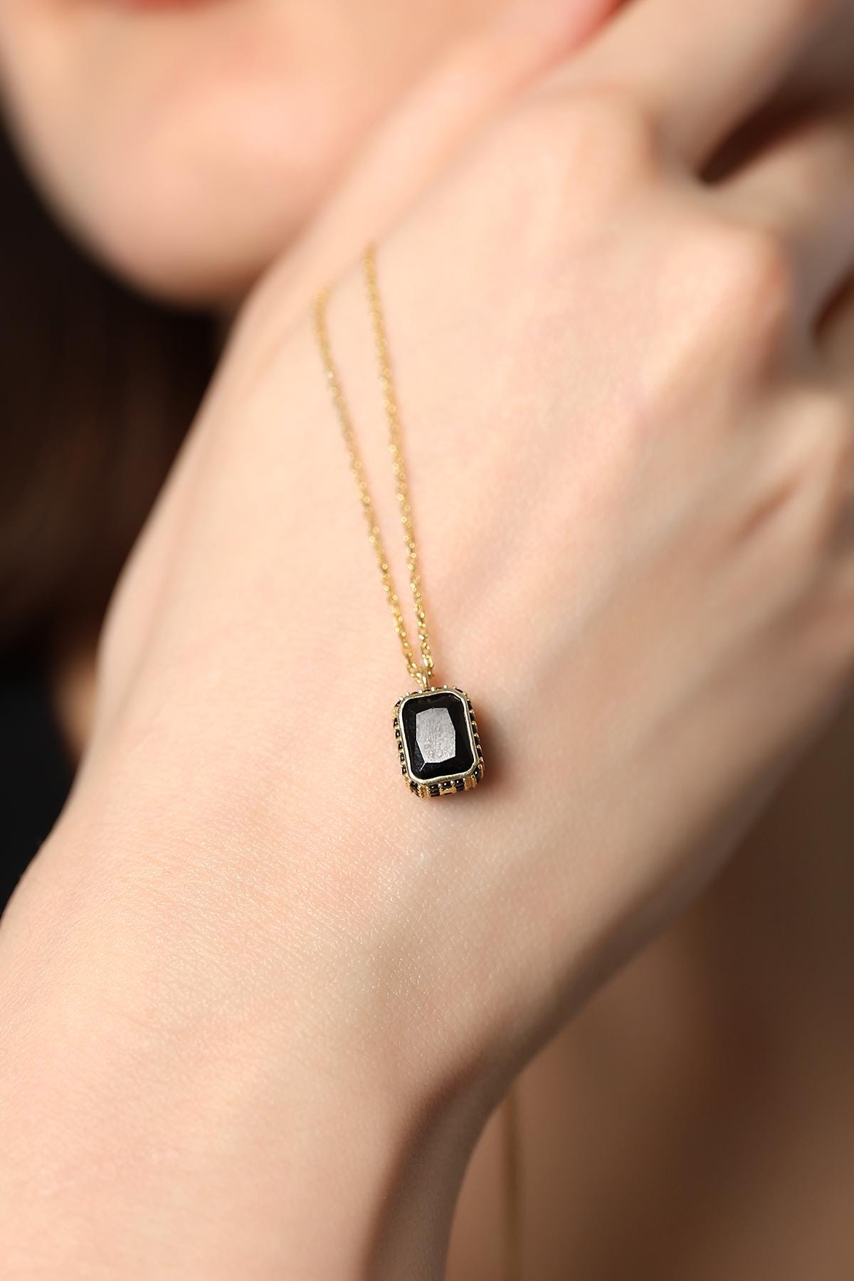 Gold Framed Black Stone Necklace , Baguette Cut Black Gem Pendant , Minimalist Handmade Jewelry , , Jewelry For Women