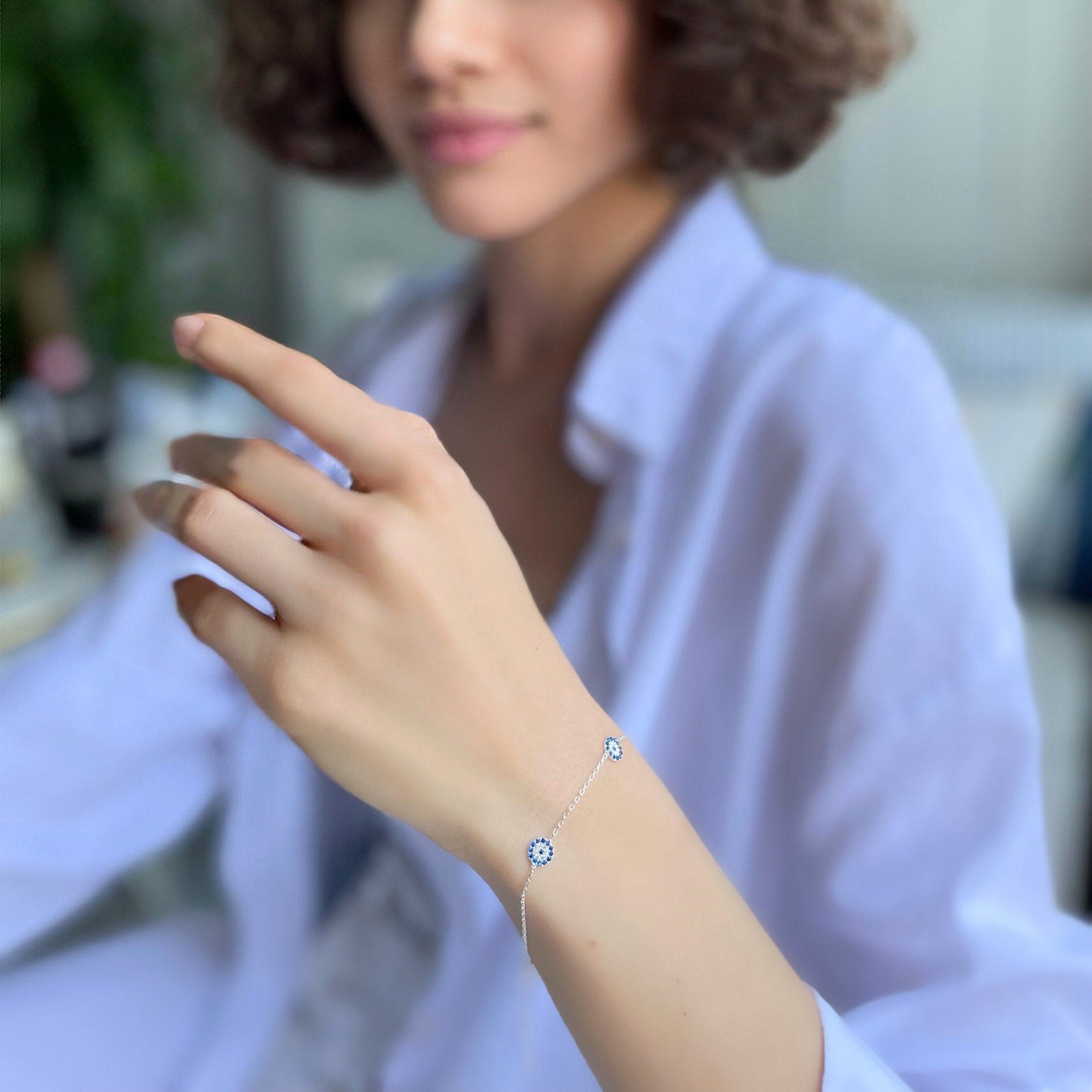 Sterling Silver Round Evil Eye Bracelet - Cubic Zirconia Blue Eye Bracelet- Delicate Everyday Jewelry - Good Luck Bracelet - Celebrate Pride