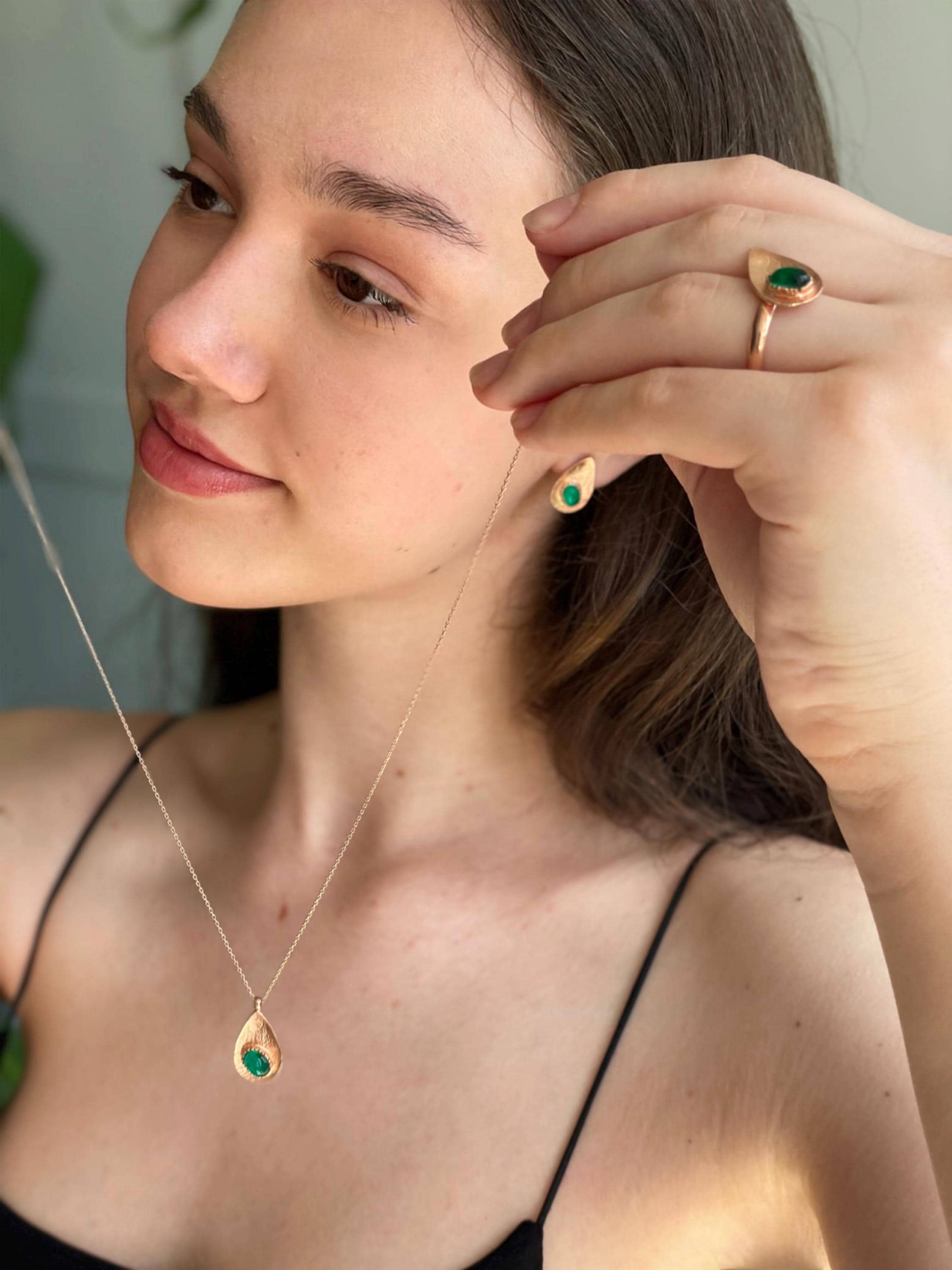 Handcrafted Silver Teardrop Birthstone Set - Necklace, Ring, Earrings - Large Teardrop Birthstone Trio Matching Set - Perfect Gift Idea