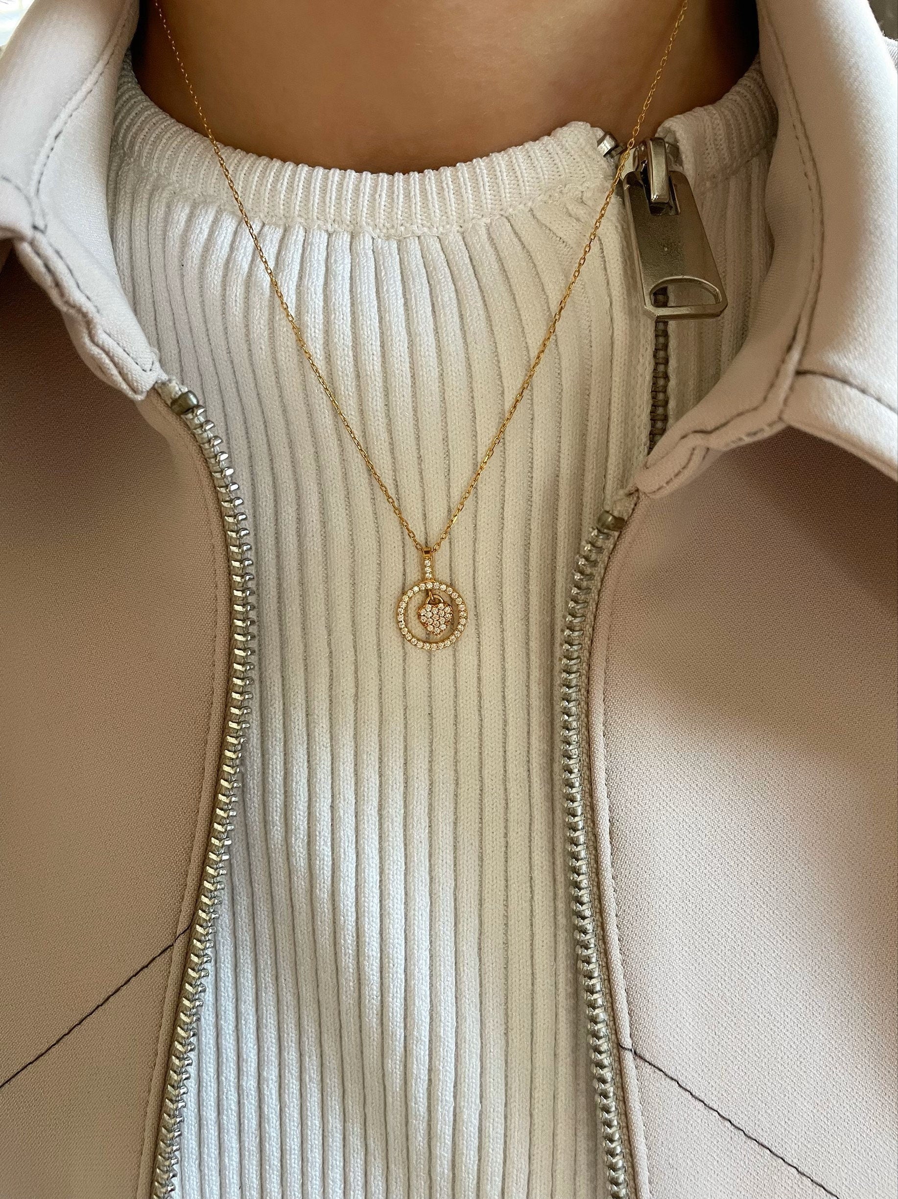 Crystal Encircled Heart Necklace - Zirconia Heart In A Circle Pendant - 925 Sterling Silver Jewelry - Silver/gold/rose Gold Heart Pendant