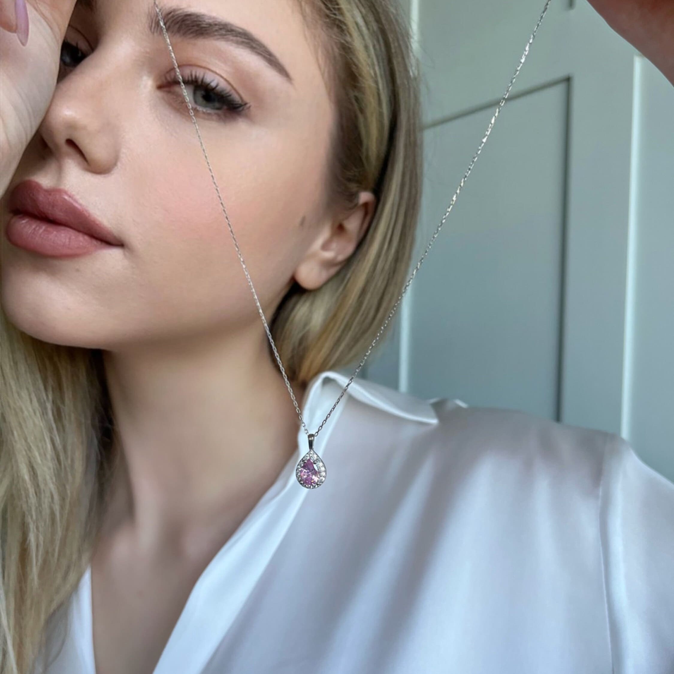 Natural Birthstone Necklace With Zirconia Frame - Custom Raw Birthstone Necklace - Family Birthstone Necklace - Personalized Gift