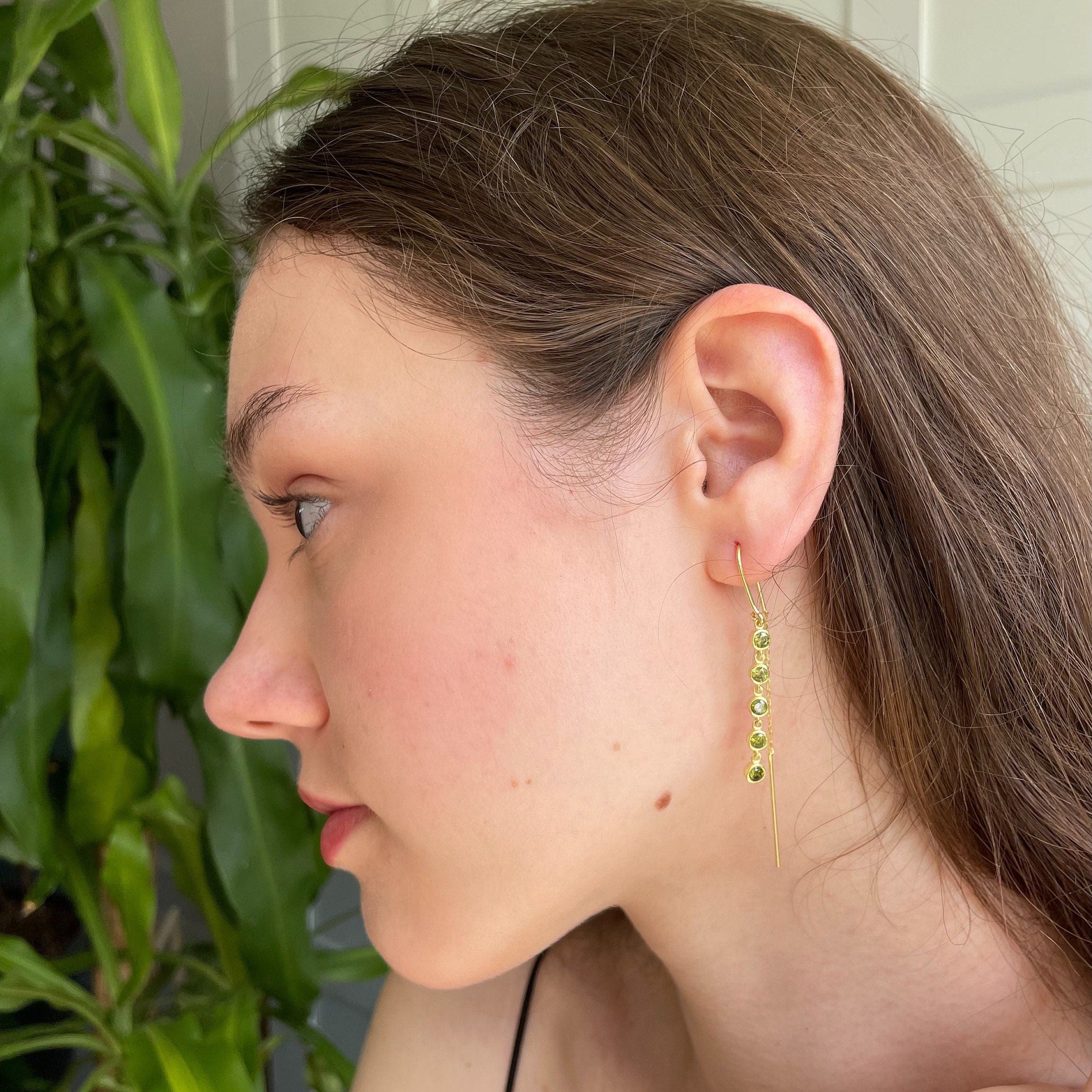 Olive Gemstone Long Dangle Earrings - Gold Plated Cz Dangle Earrings - Handmade Jewelry - Gold Plated & Silver Options