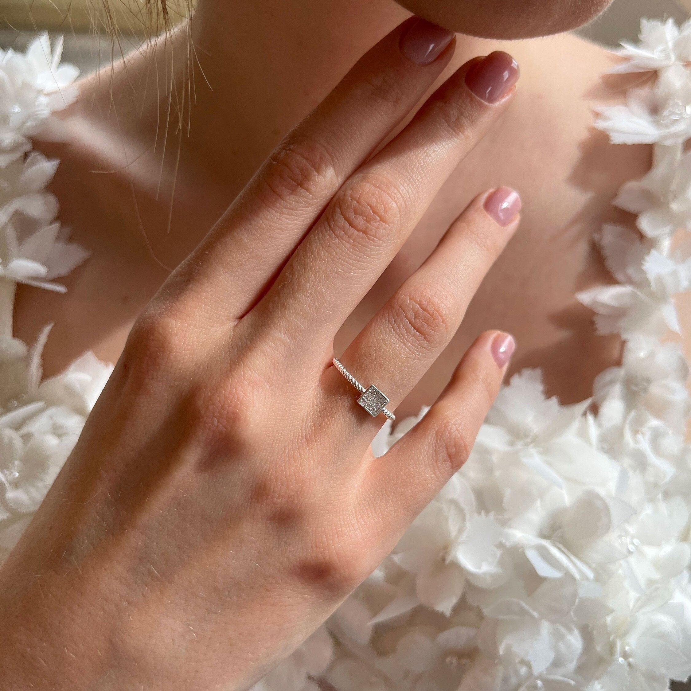 Radiant Cut Square Ring With Zirconia - Modern & Minimalist Geometric Design - Sterling Silver Adjustable Square Ring - Summer Unique Gift