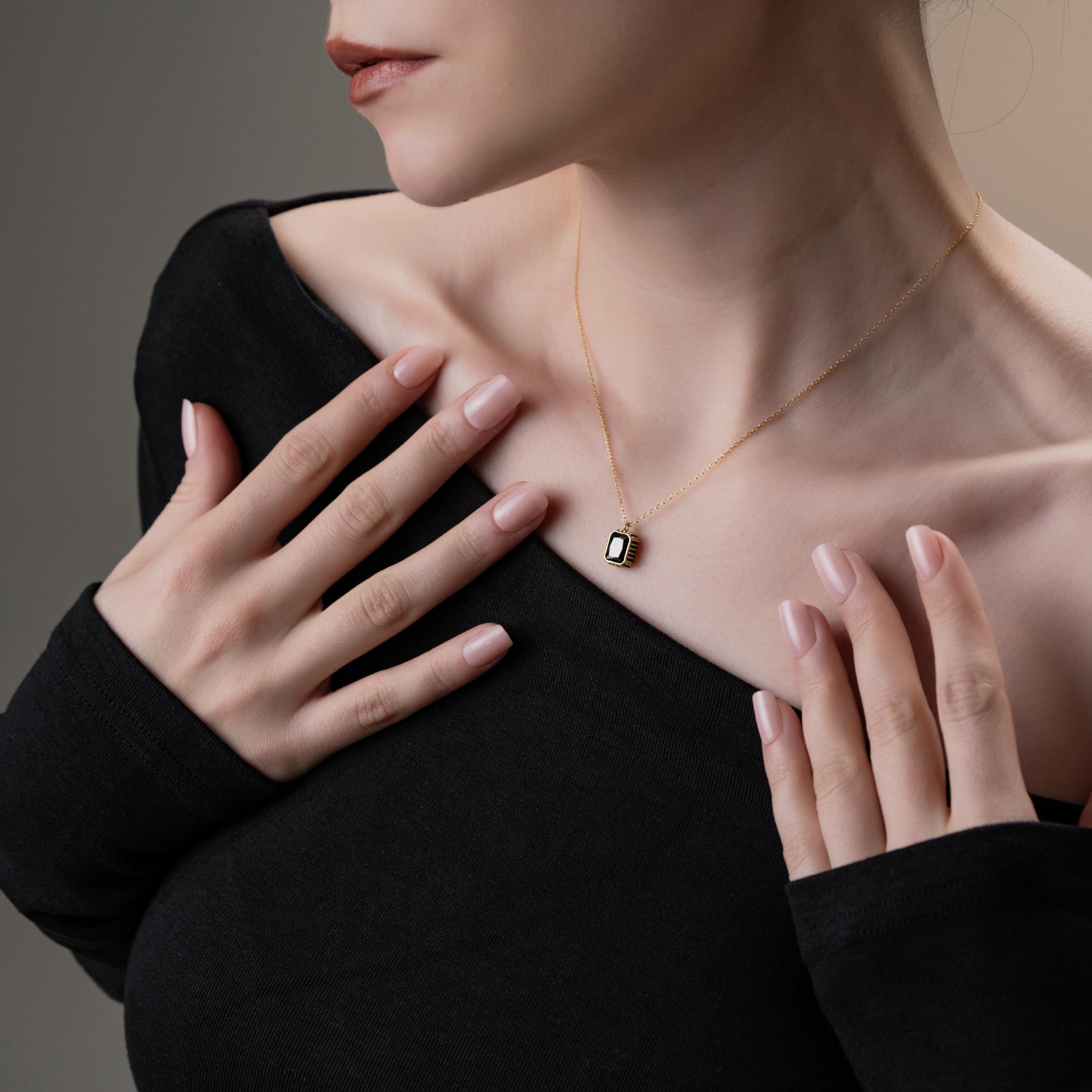 Gold Framed Black Stone Necklace , Baguette Cut Black Gem Pendant , Minimalist Handmade Jewelry , , Jewelry For Women