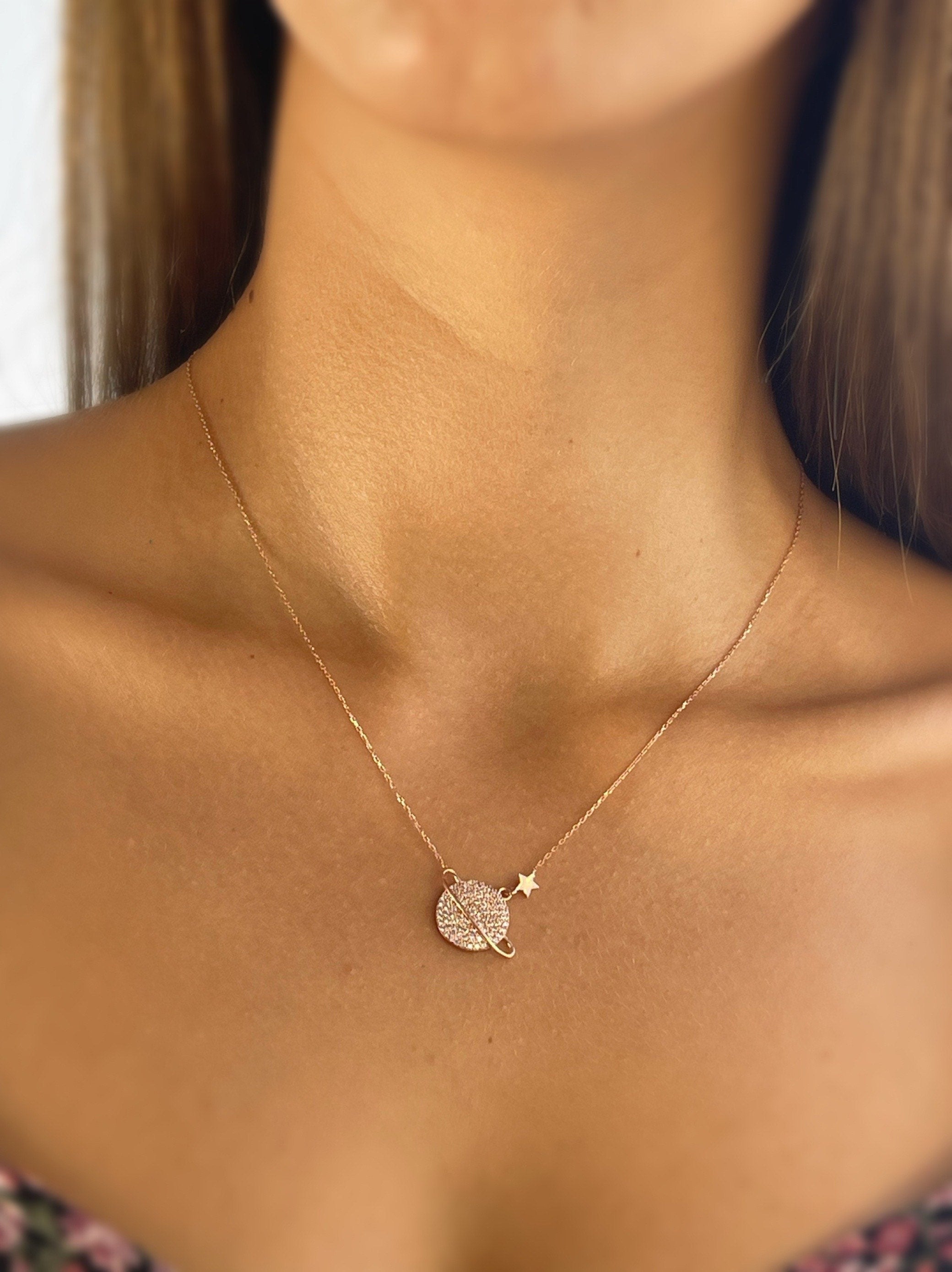 Galaxy Sterling Silver Necklace, Planet Star Jewelry Pendant, , Pave Necklace Personalized Gift, Delicate Silver Necklace