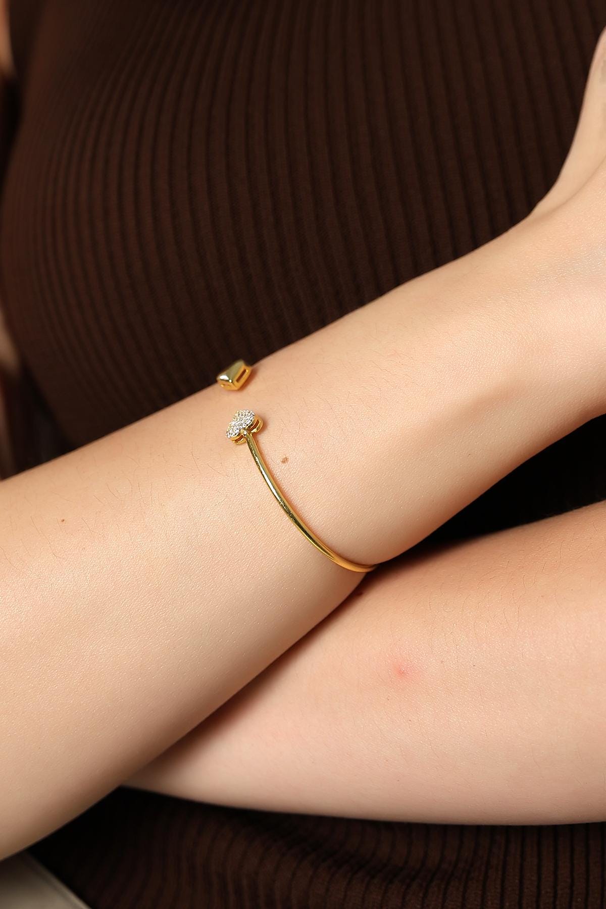 Romantic Gold Heart Bracelet , Pavé Heart Cuff , Dainty Heart Bracelet , Elegant Gold Bracelet , Handmade ,