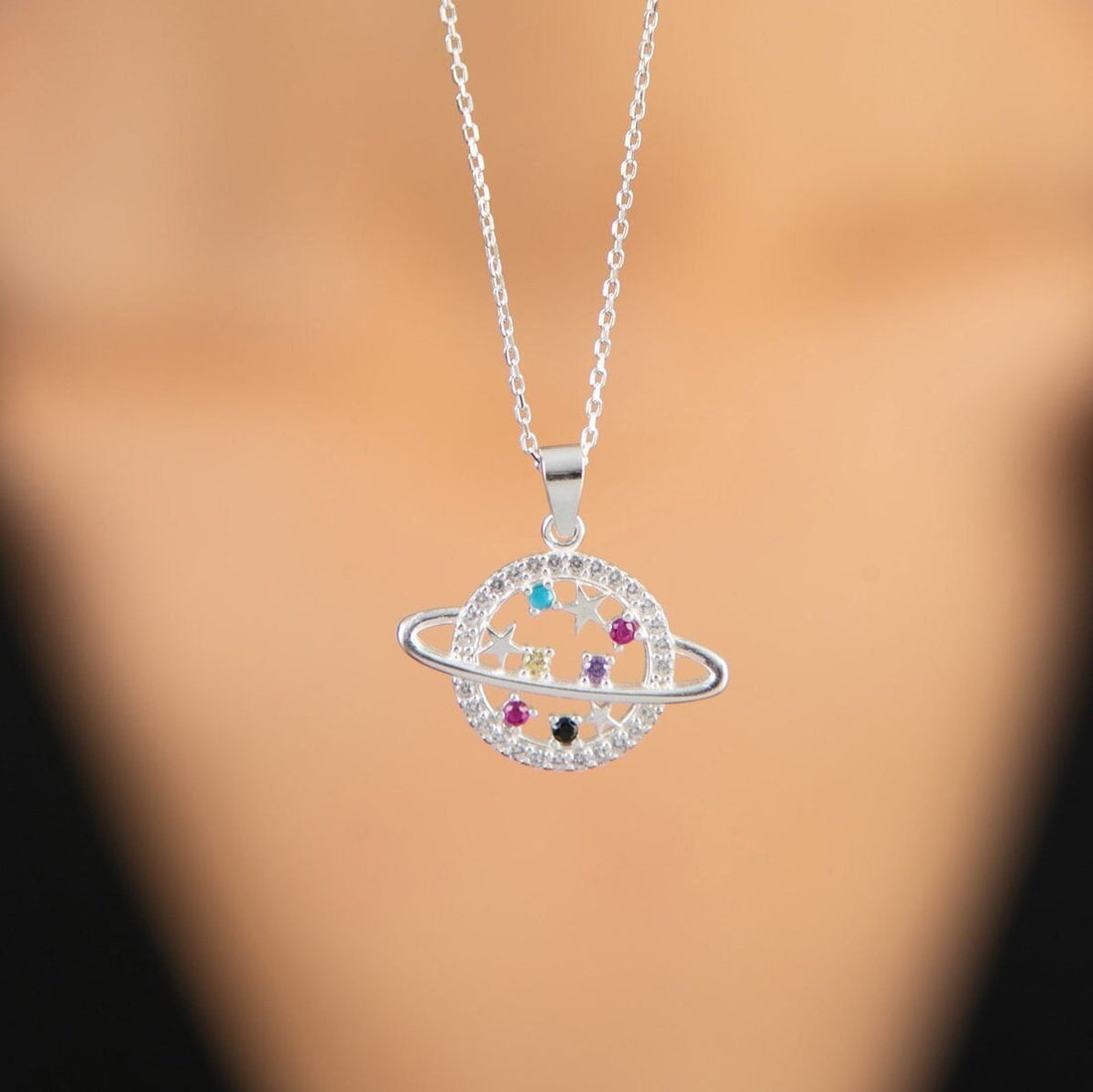 Colorful Silver Galaxy Pendant Modern Necklace | Engraved Galaxy Necklace | Space Pendant | Sterling Silver Chain | Personalized Gift