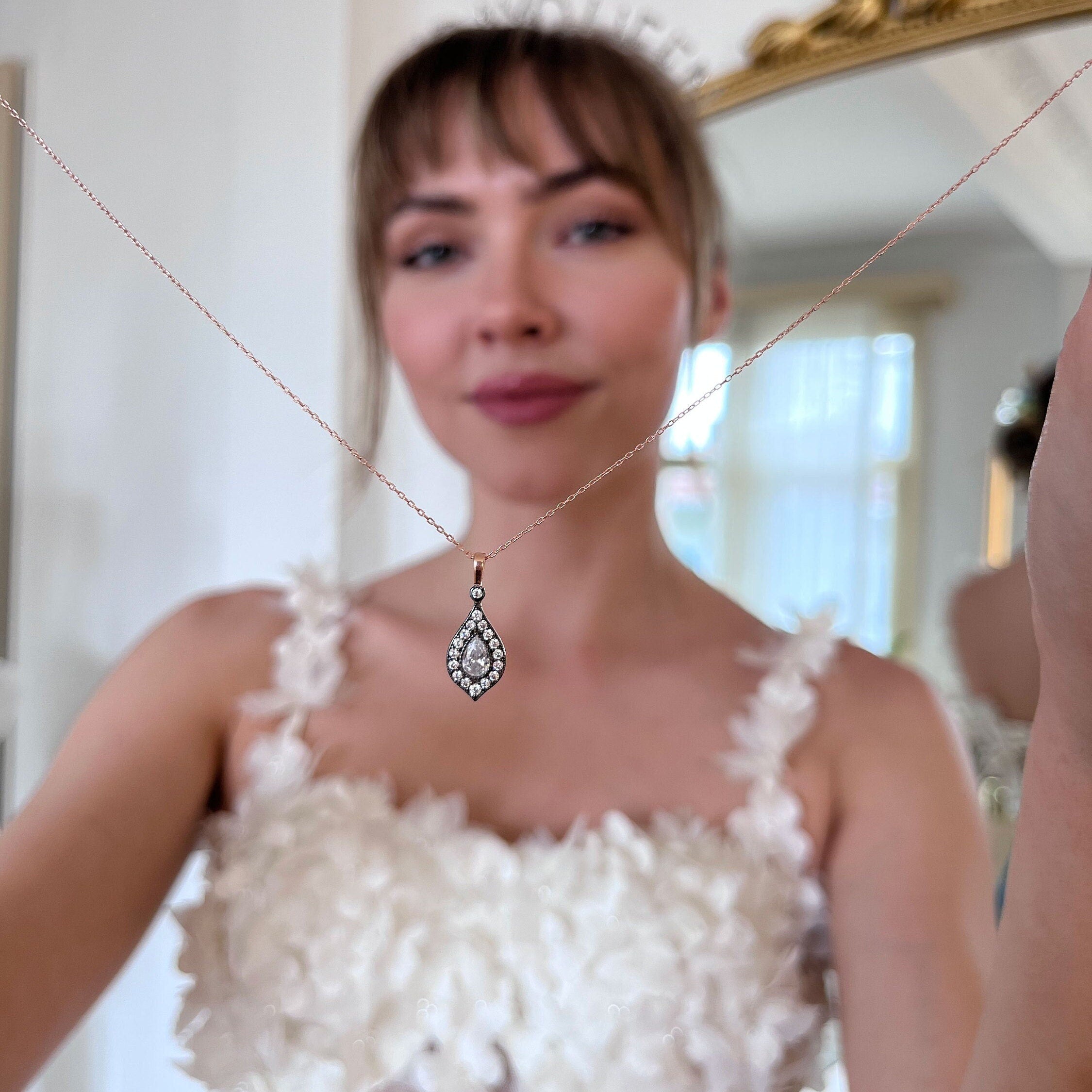 Pear Cut Halo Necklace - Sterling Silver Zircon Tear Drop Wedding Jewelry - Drop Pendant With Cubic Cut Gemstones - Handmade Jewelry