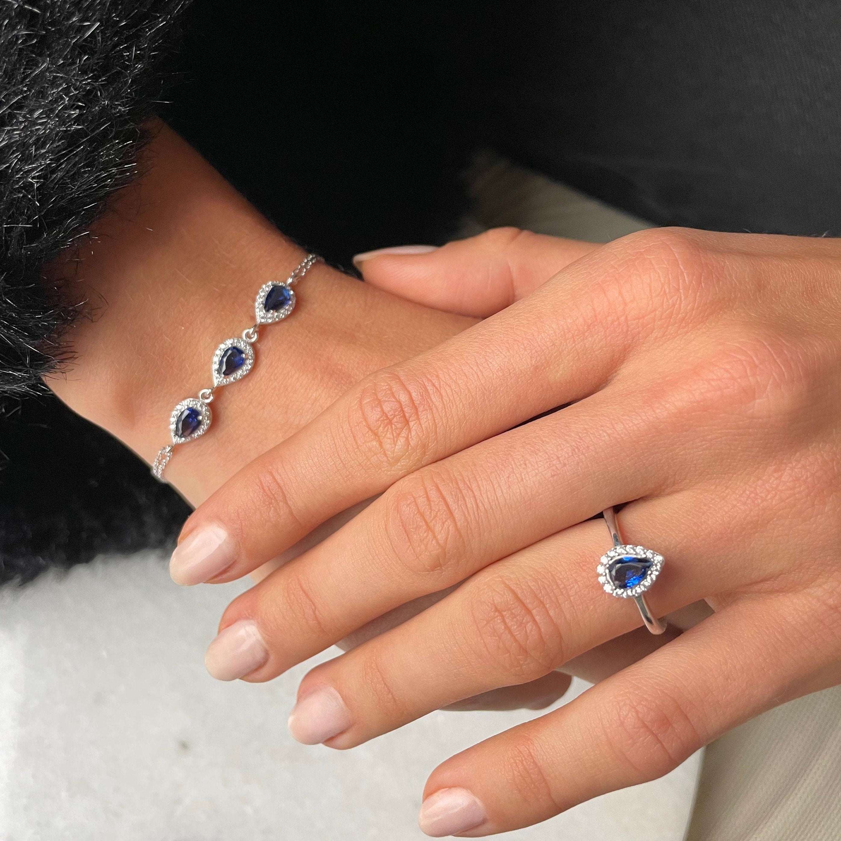 Sparkling Cz Teardrop Jewelry Set - Sapphire / Emerald / Crystal Gemstone Bracelet And Ring - Bridal Jewelry Set -