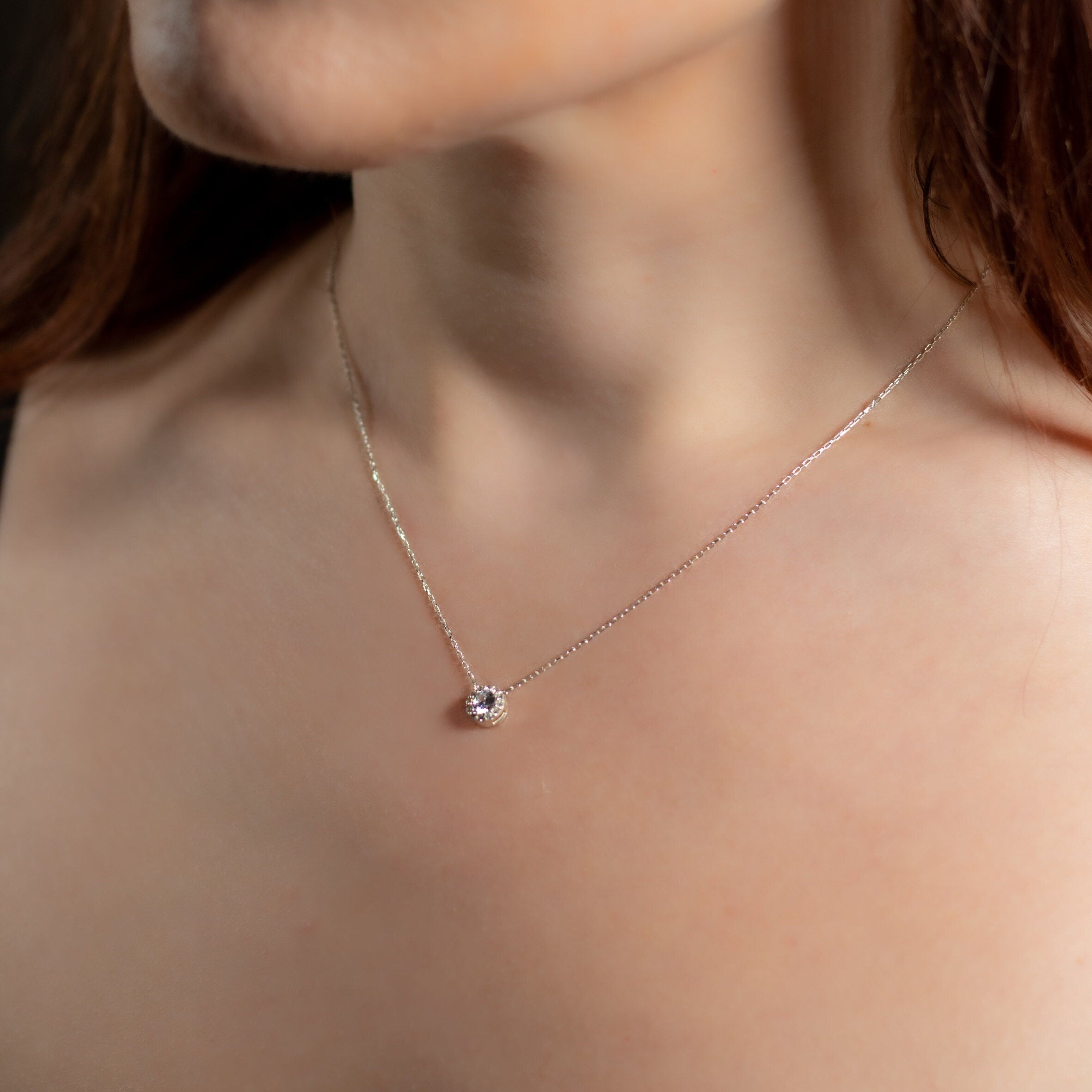 Dainty Sterling Silver Drop Necklace Created With Zirconia | Sterling Silver Small Round Pendant Necklace | White Drop Zirconia Pendant