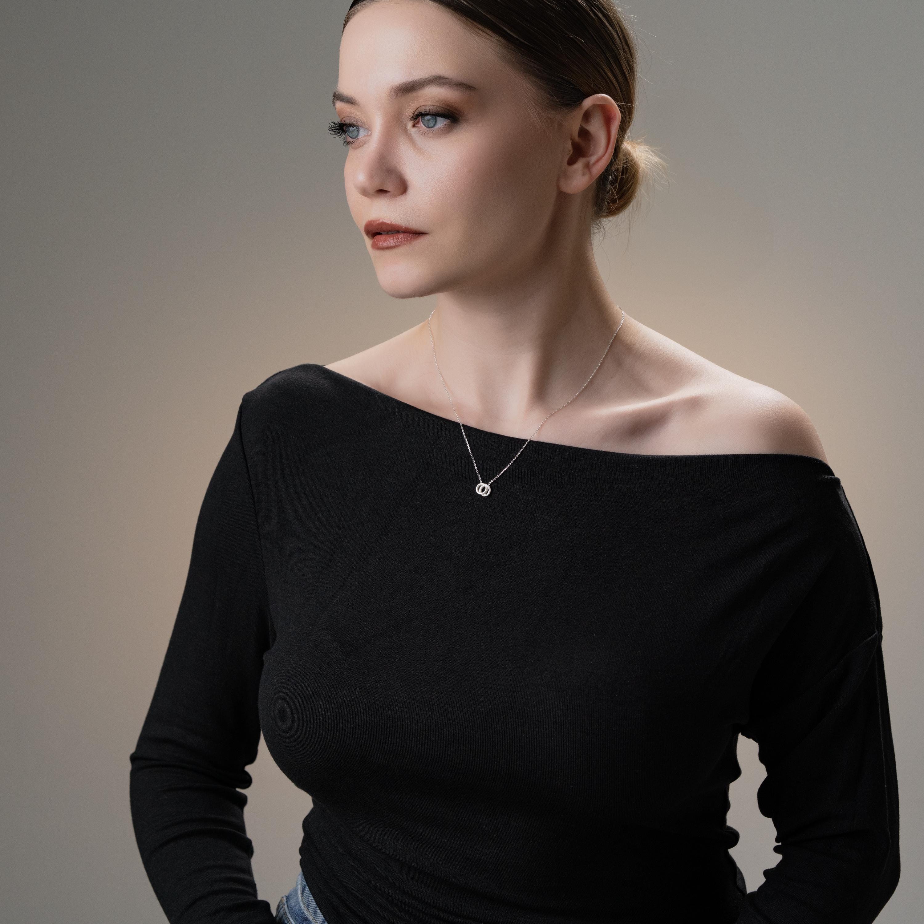 Dainty Double Circle Necklace , Silver Interlocking Design With Dazzling Zirconia , Minimalist Circle Necklace , Handmade Gift For Women