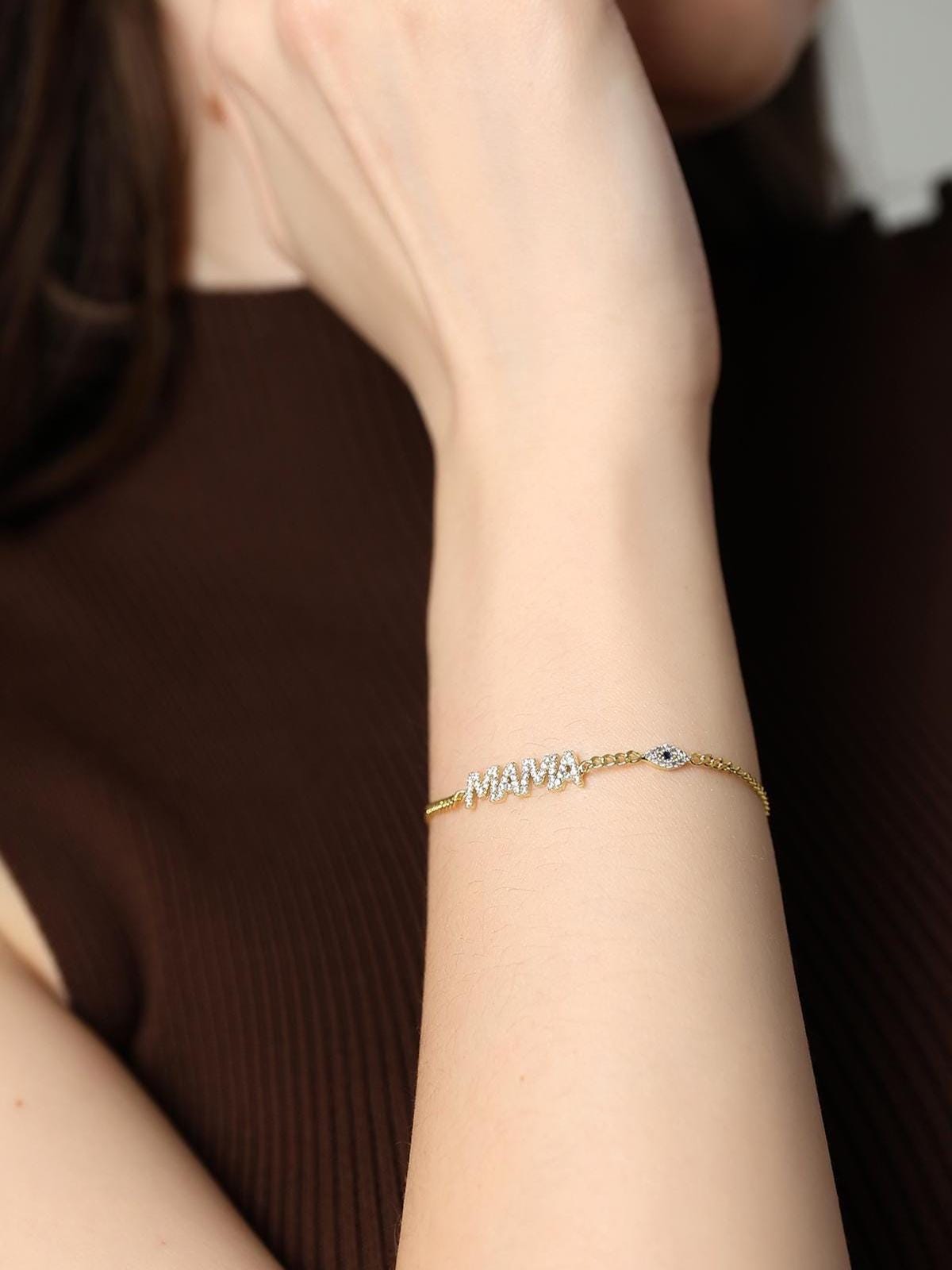 Gold Mama Bracelet, Cubic Zirconia,