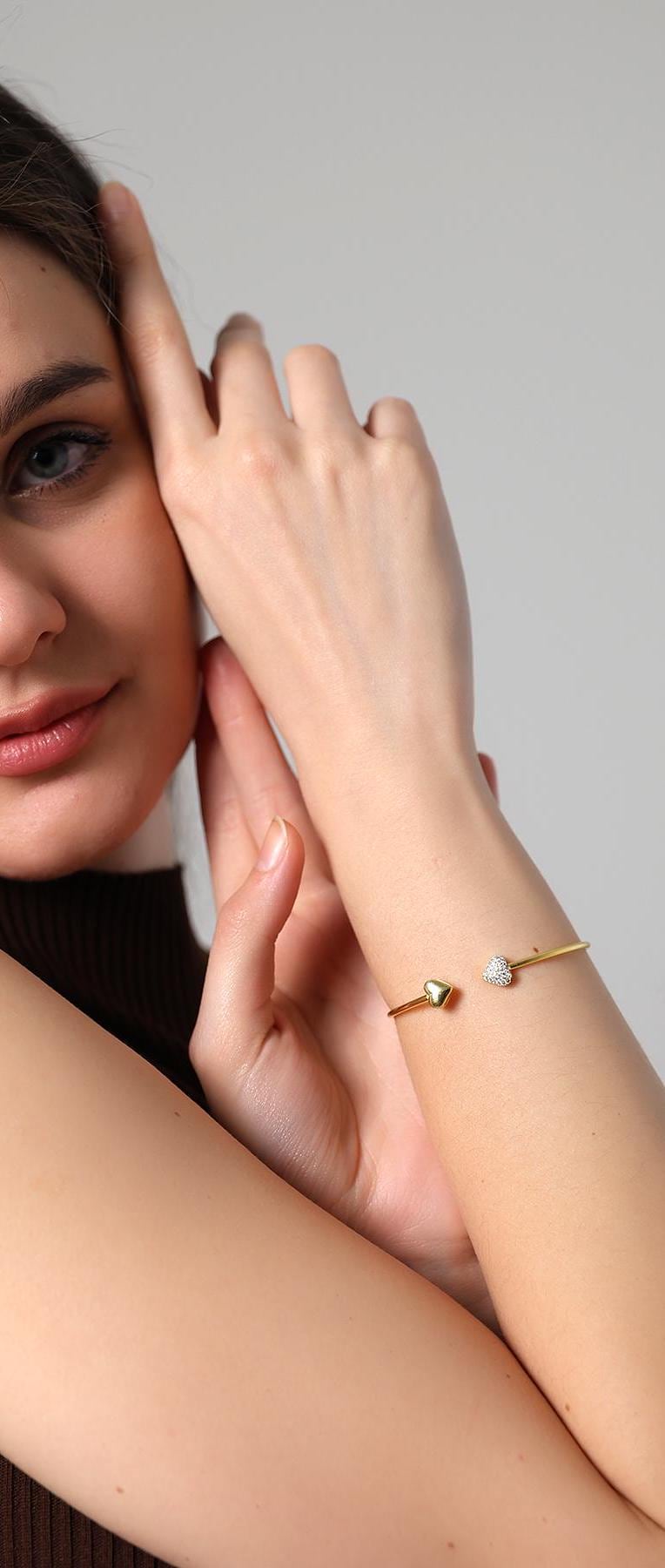 Gold Heart Open Cuff Bracelet, Dainty Adjustable Bangle For Women, Sparkling Heart Charm Bangle, Chic Gold Minimalist Jewelry,