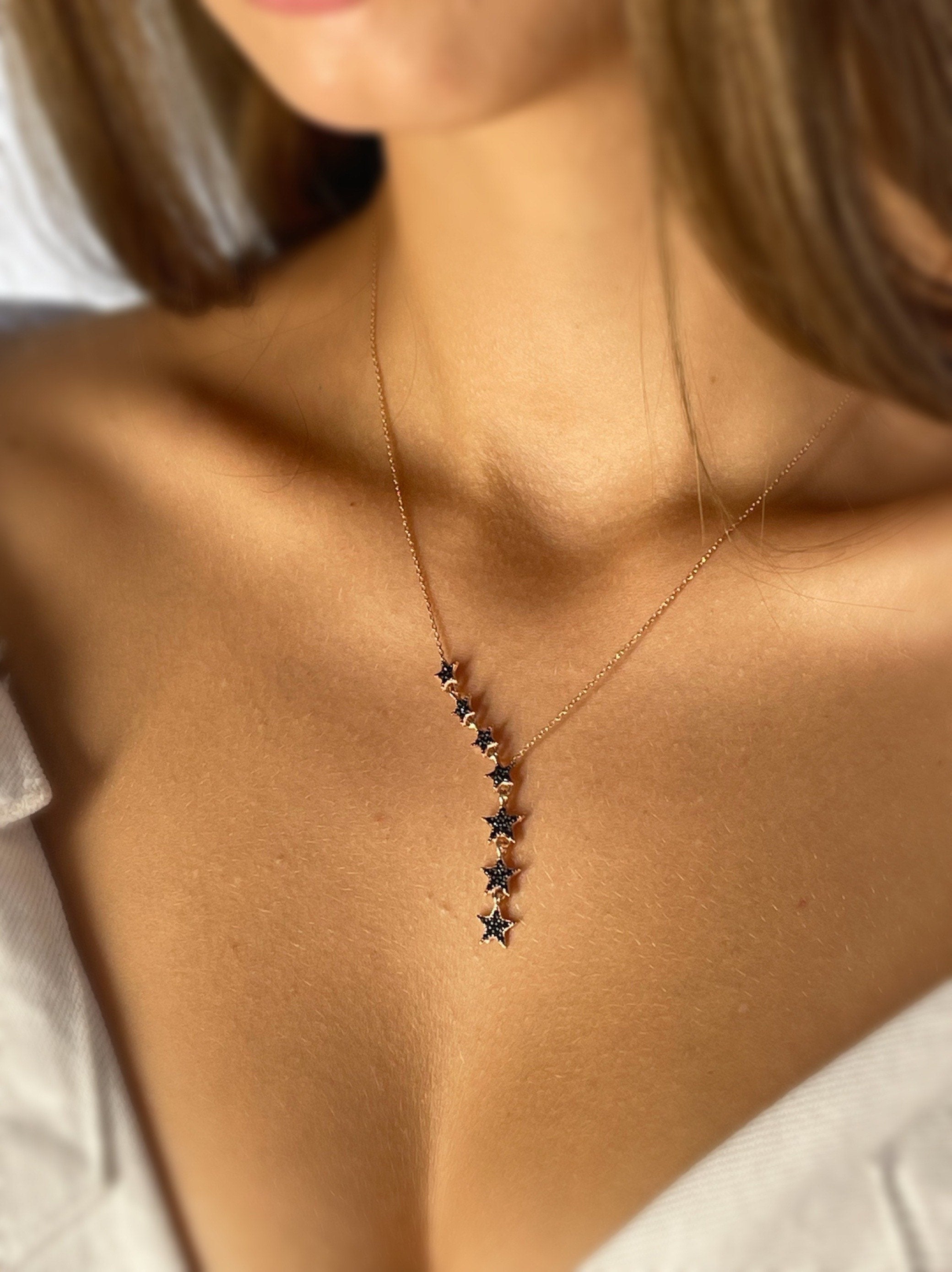 Asymmetric Y Shape Star Lariat Necklace - Drop Star Pendant - Zircon Gemstones - Silver/gold/rose Gold Chain -