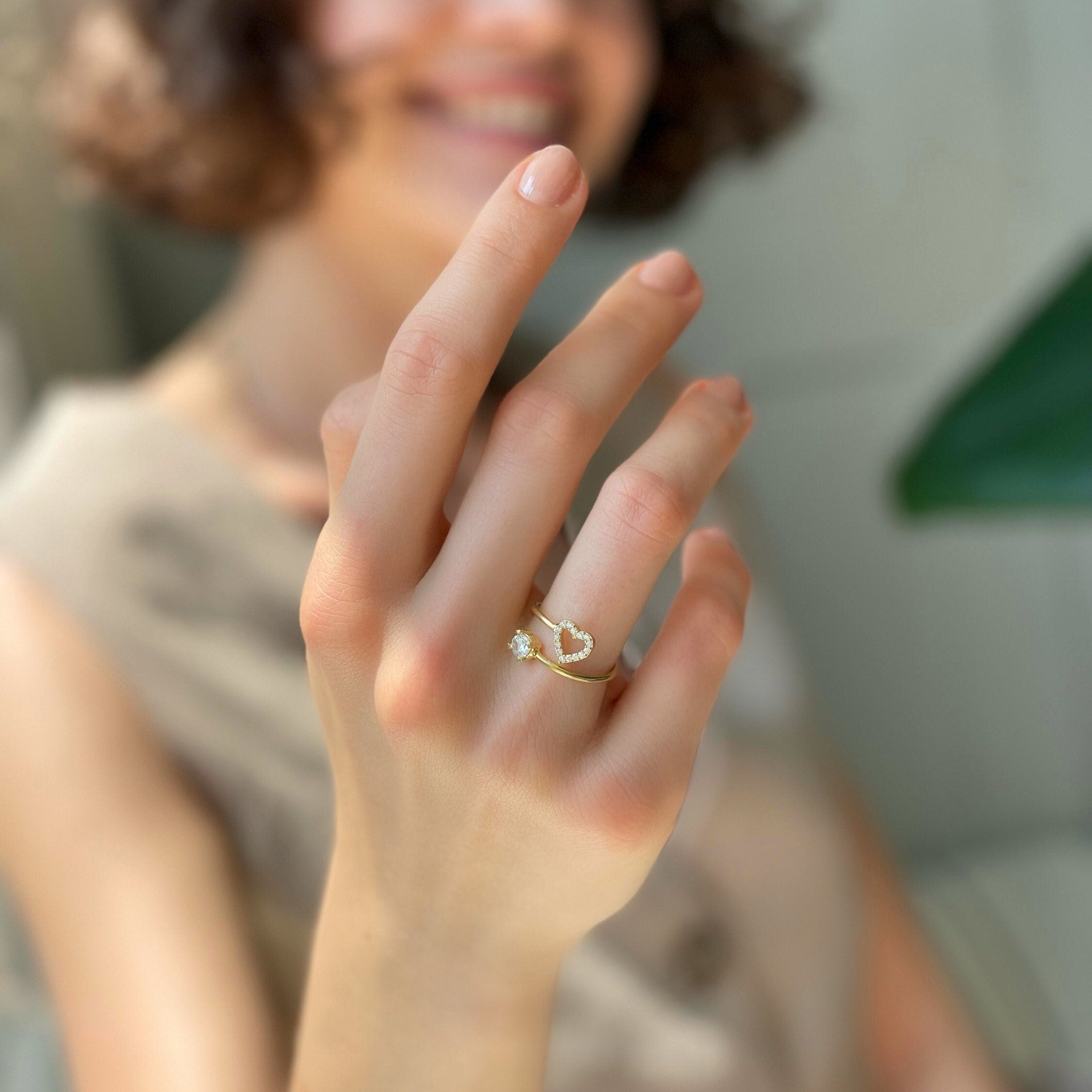 Marriage Heart Spiral Ring - Gold Plated Open Adjustable Ring - Dainty Sterling Silver Jewelry - Sparkling Heart Ring - Wedding Jewelry