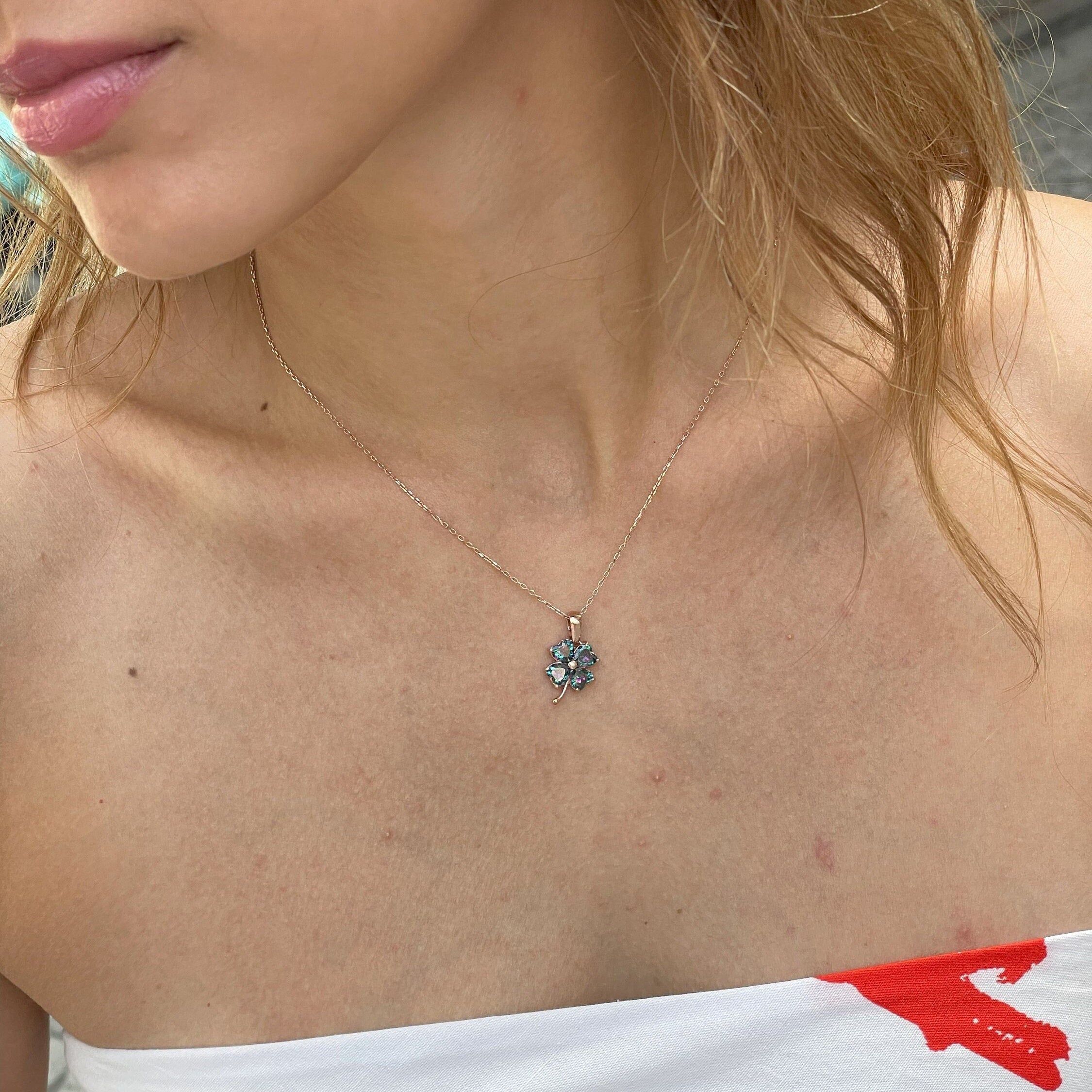 Mystic Topaz Clover Necklace - Sterling Silver Four Leaf Clover Pendant - Clover Charm - Dainty & Miminalist Design - Birthstone Gift