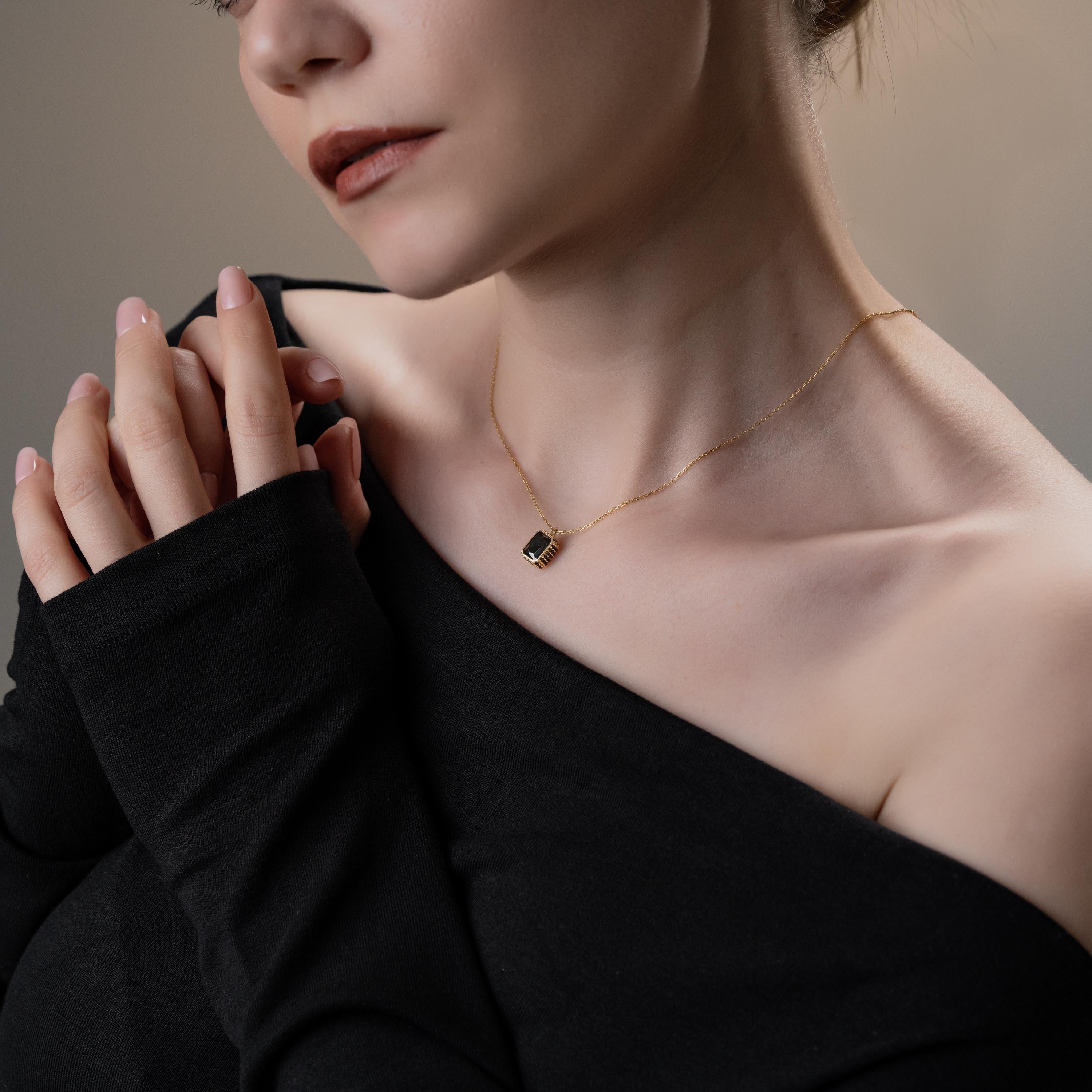 Gold Framed Black Stone Necklace , Baguette Cut Black Gem Pendant , Minimalist Handmade Jewelry , , Jewelry For Women