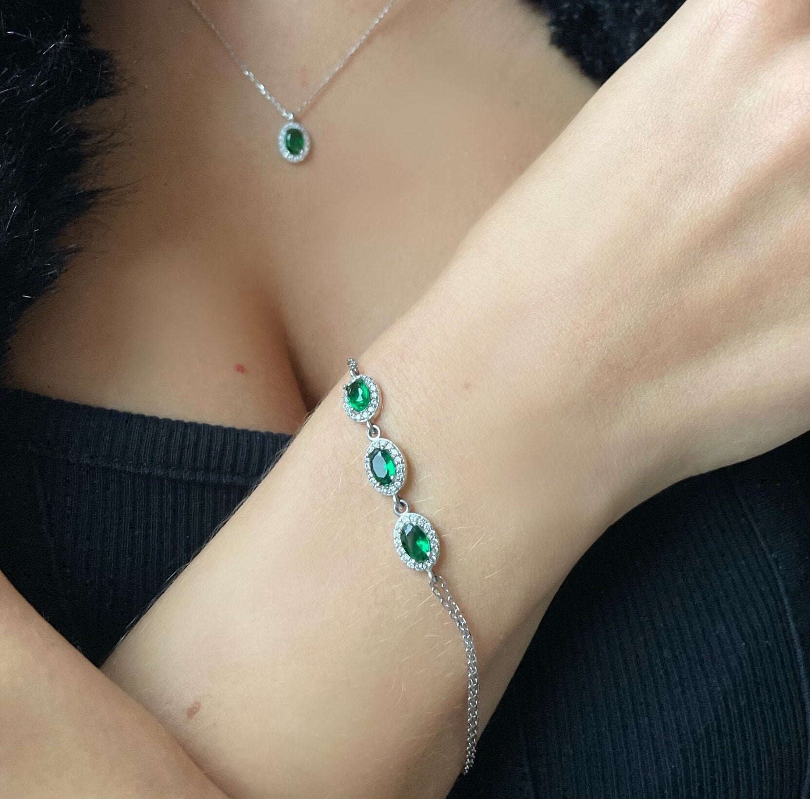 Sparkling Emerald Bracelet With Zirconia Frame - Oval Cut Green Gemstone Bracelet - Dainty Sterling Silver Jewelry - Jewelry For Women -