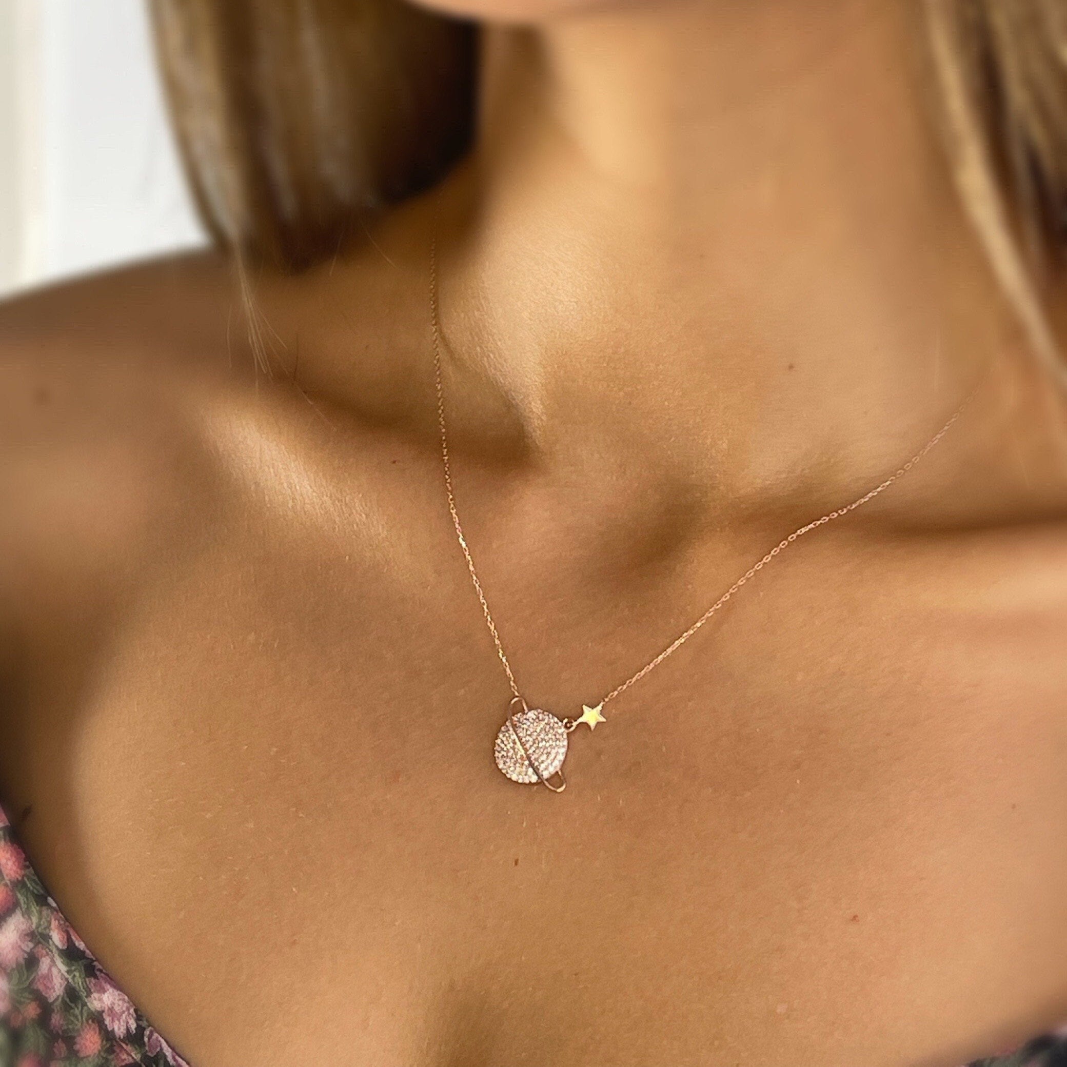 Galaxy Sterling Silver Necklace, Planet Star Jewelry Pendant, , Pave Necklace Personalized Gift, Delicate Silver Necklace