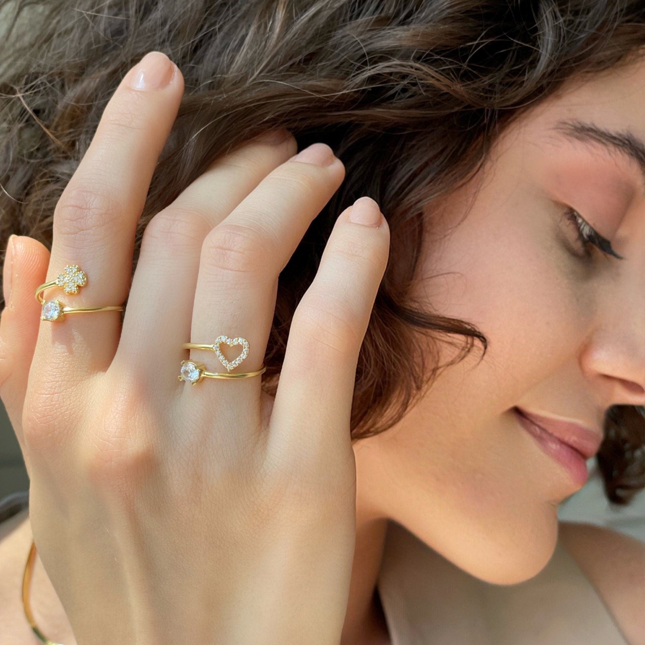 Marriage Heart Spiral Ring - Gold Plated Open Adjustable Ring - Dainty Sterling Silver Jewelry - Sparkling Heart Ring - Wedding Jewelry