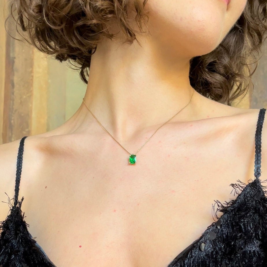 Elegant Emerald Jewelry Set - Rectangle Cut Emerald Pendant - Green Gemstone Necklace And Ring - -