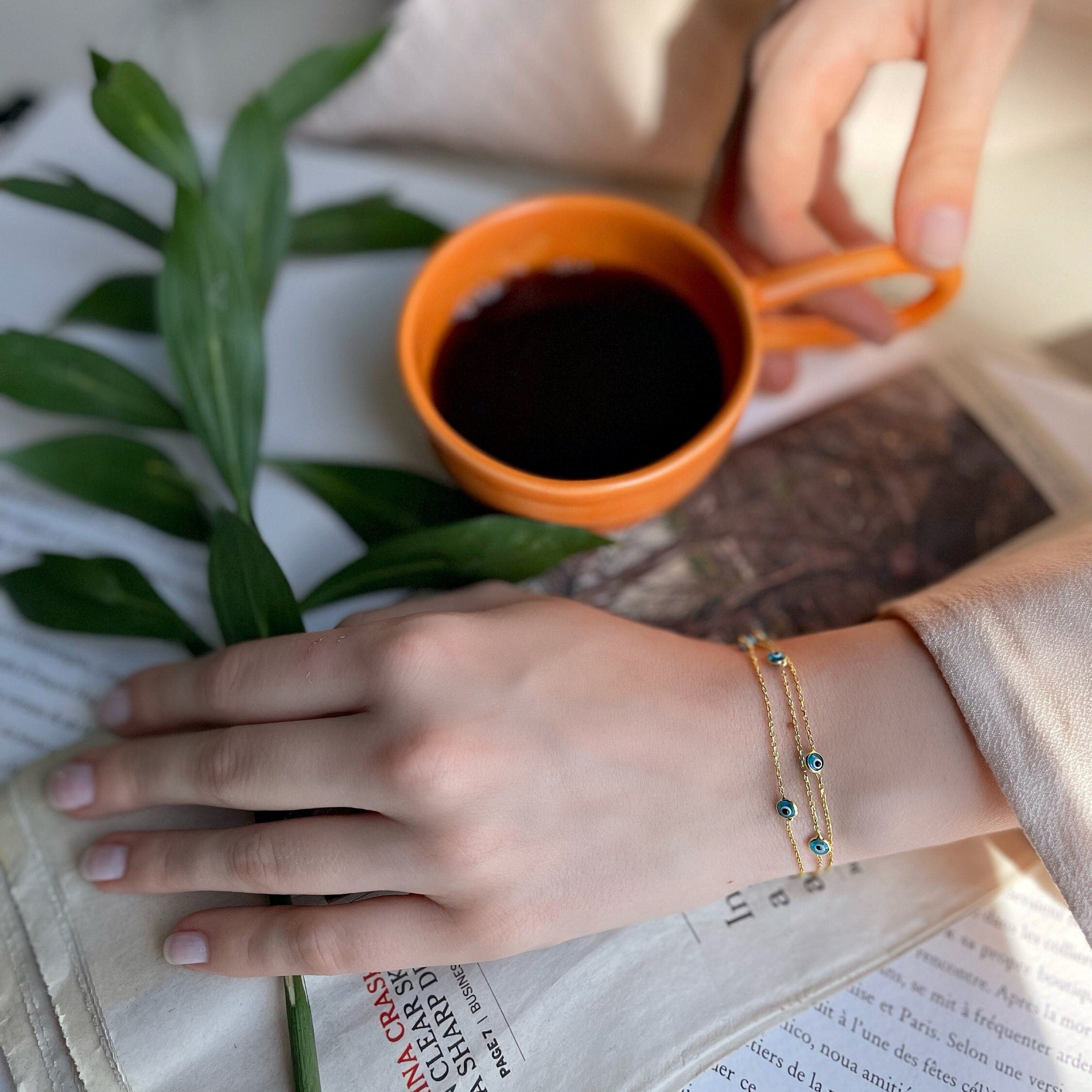 Evil Eye Bracelet With Blue Beads - Spiritual Bracelet - Gold Color Triple Chain Jewelry - Protection & Positive Energy - Summer Jewelry
