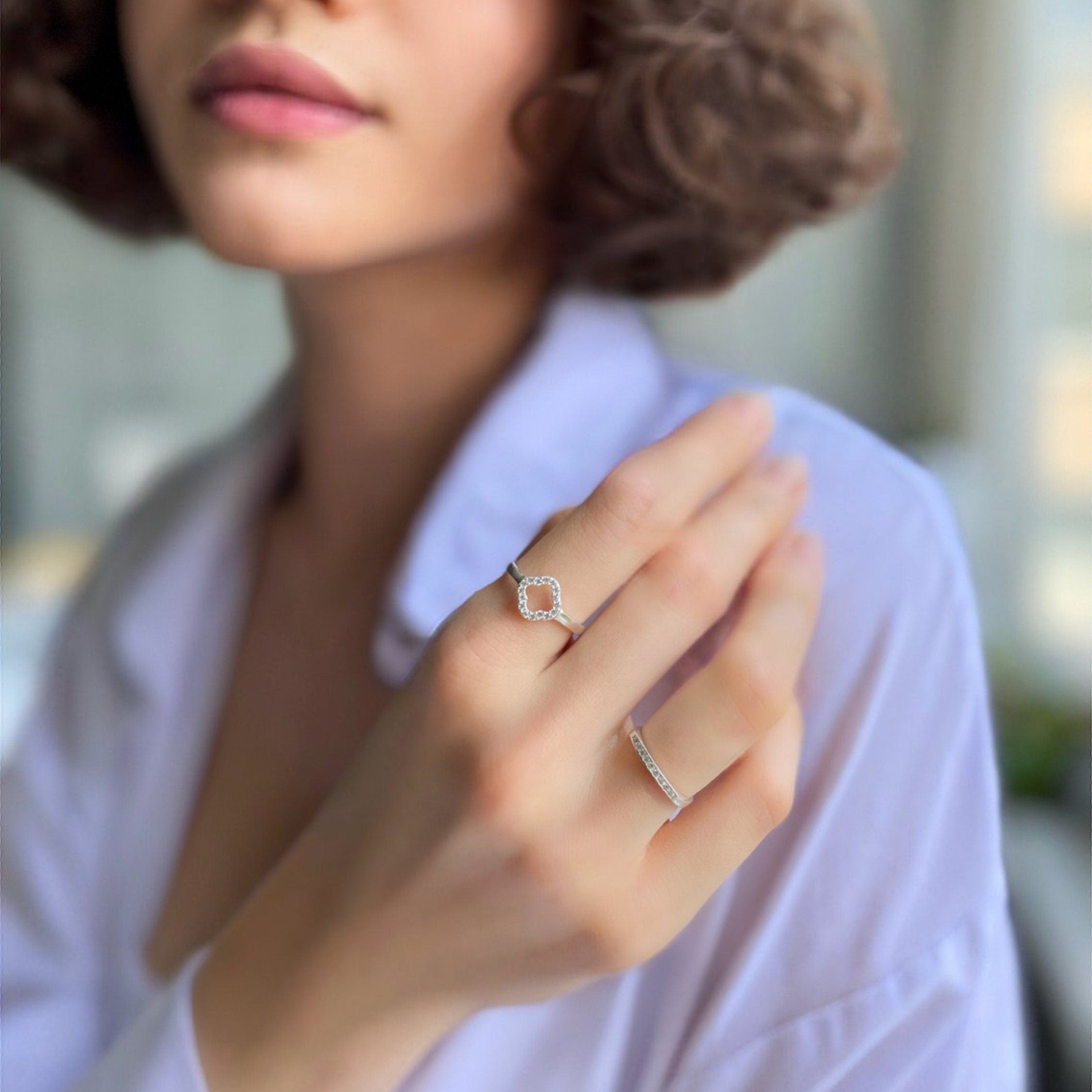 Engraved Sterling Silver Four Leaf Clover Ring - Cz Clover Ring - Adjustable Lucky Ring - - Art Deco Ring