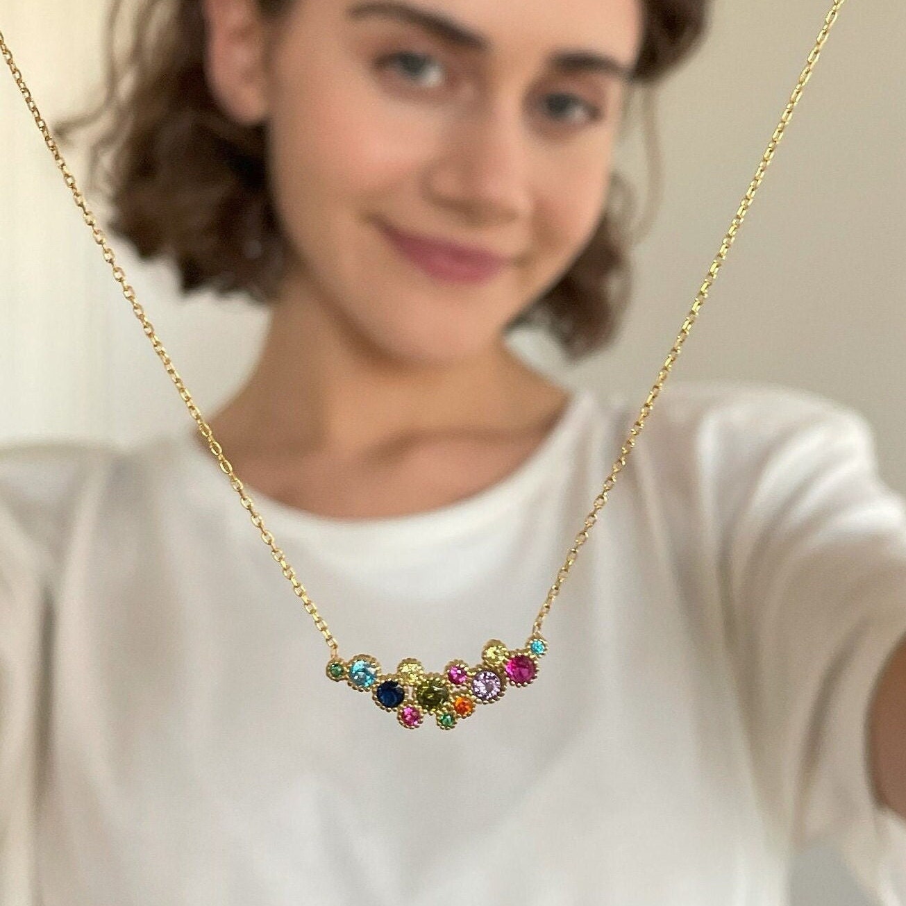 Round Cut Multicolor Birthstone Necklace - Emerald, December Blue, Sapphire, Mix Gemstones Jewelry - Gold Plated 925 Sterling Silver Jewelry