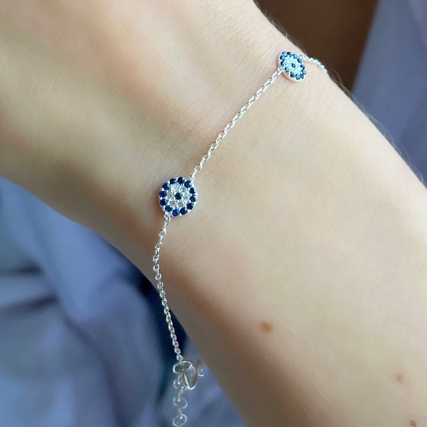 Sterling Silver Round Evil Eye Bracelet - Cubic Zirconia Blue Eye Bracelet- Delicate Everyday Jewelry - Good Luck Bracelet - Celebrate Pride