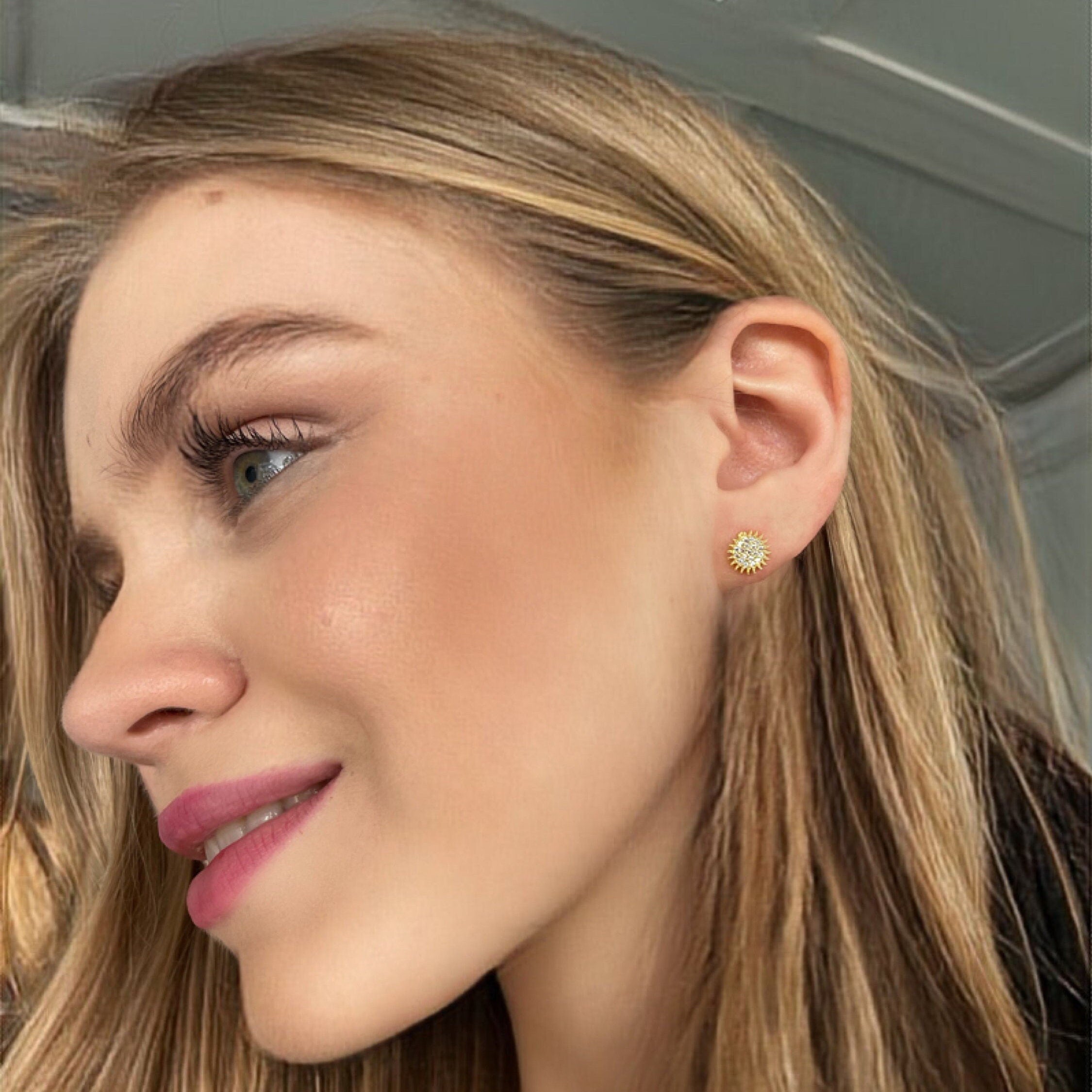 Dainty Radiant Sun Stud Earring - Sparkling Sun Gold Color Earrings - Minimalist Earrings - Sterling Silver Handmade Jewelry